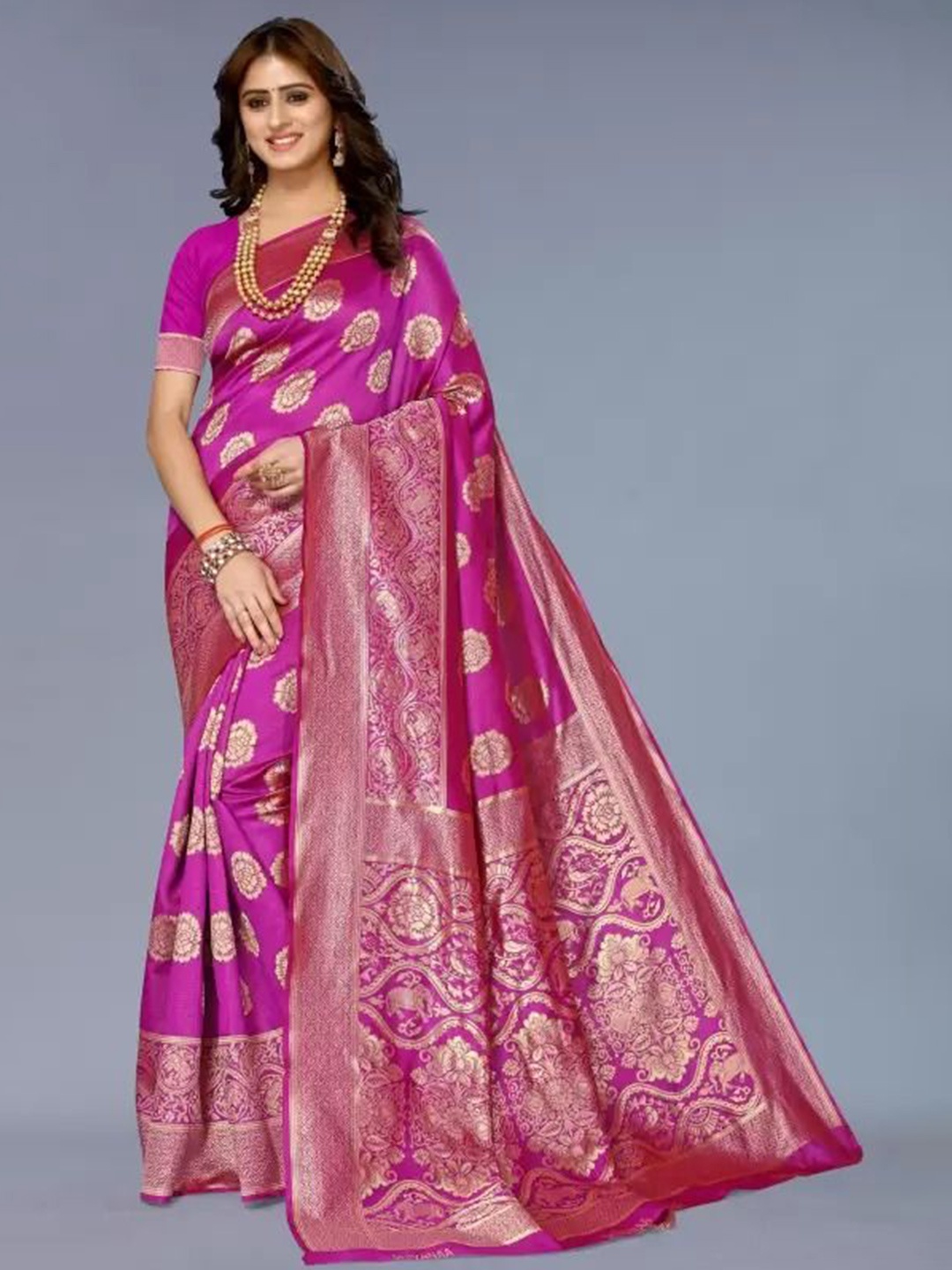 

SAADHVI Woven Design Pure Silk Kanjeevaram Saree, Pink