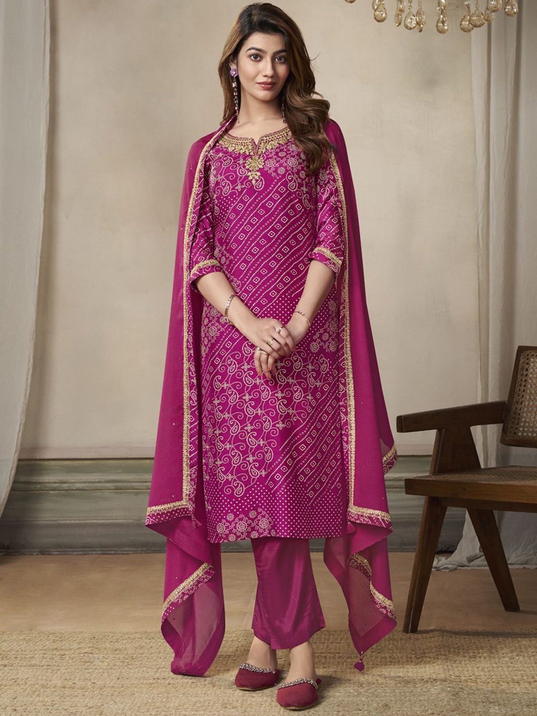 

Seerat Women Embroidered Regular Pure Silk Kurti with Trousers & With Dupatta, Magenta