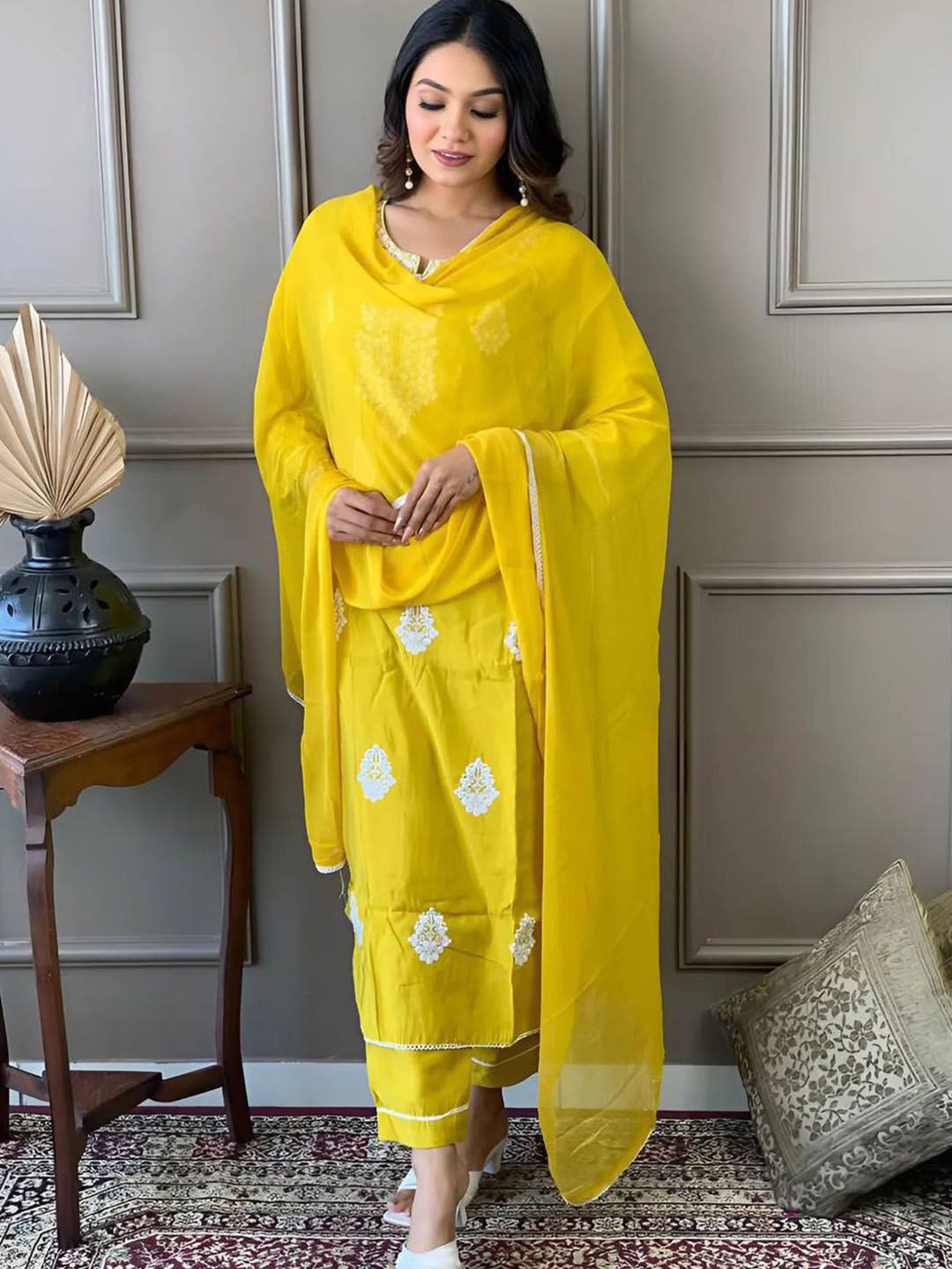 

BLACK SCISSOR Women Floral Embroidered Regular Thread Work Chanderi Silk Kurta with Trousers & With Dupatta, Yellow