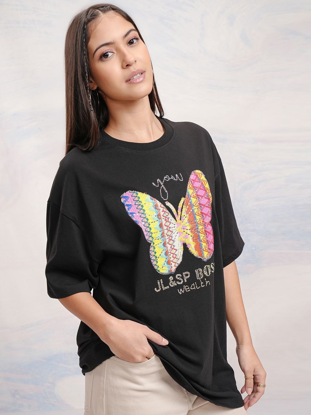 

Street By Tokyo Talkies Women Drop-Shoulder Sleeves T-shirt, Black