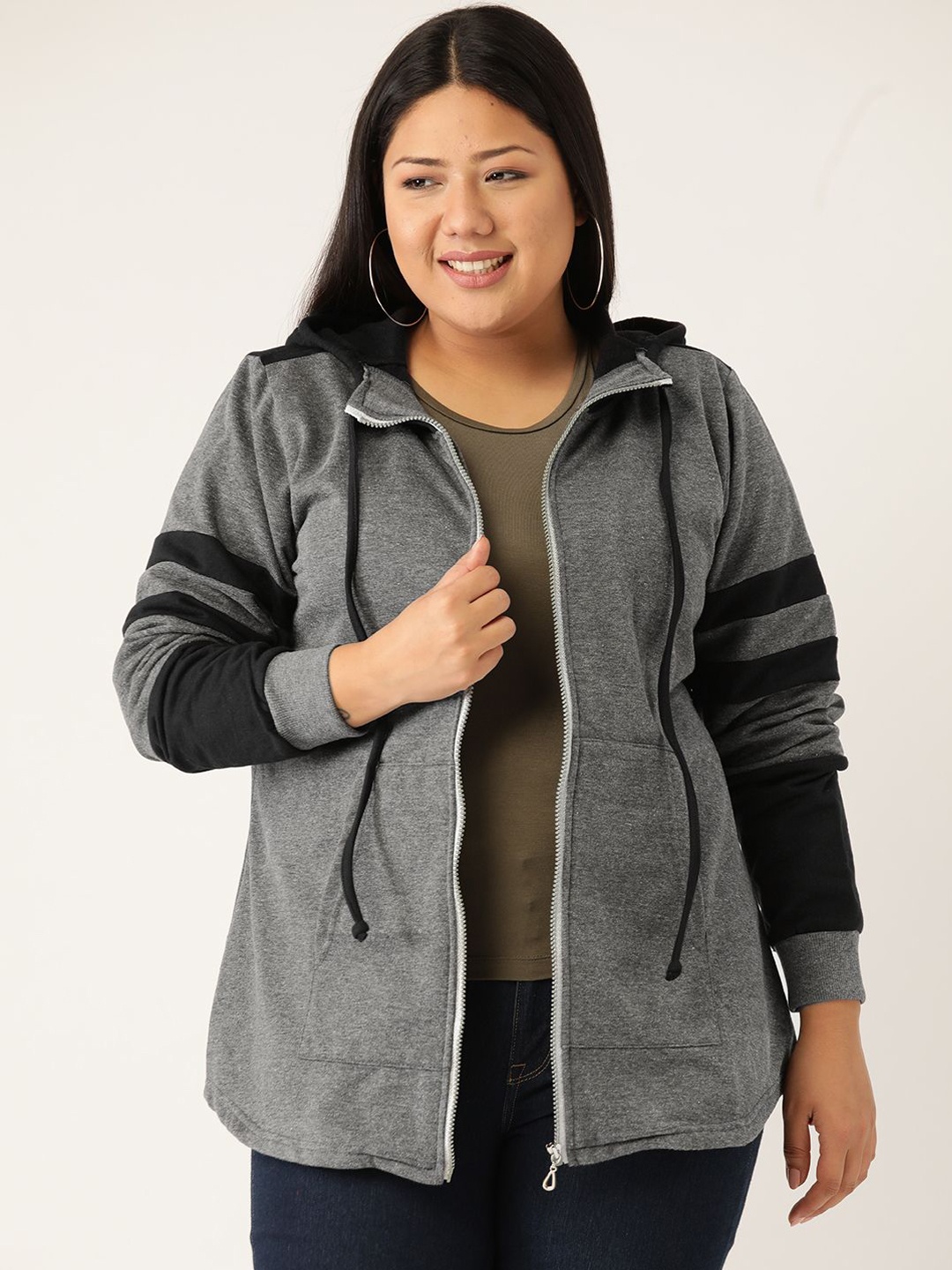 

theRebelinme Women Colourblocked Open Front Jacket, Charcoal