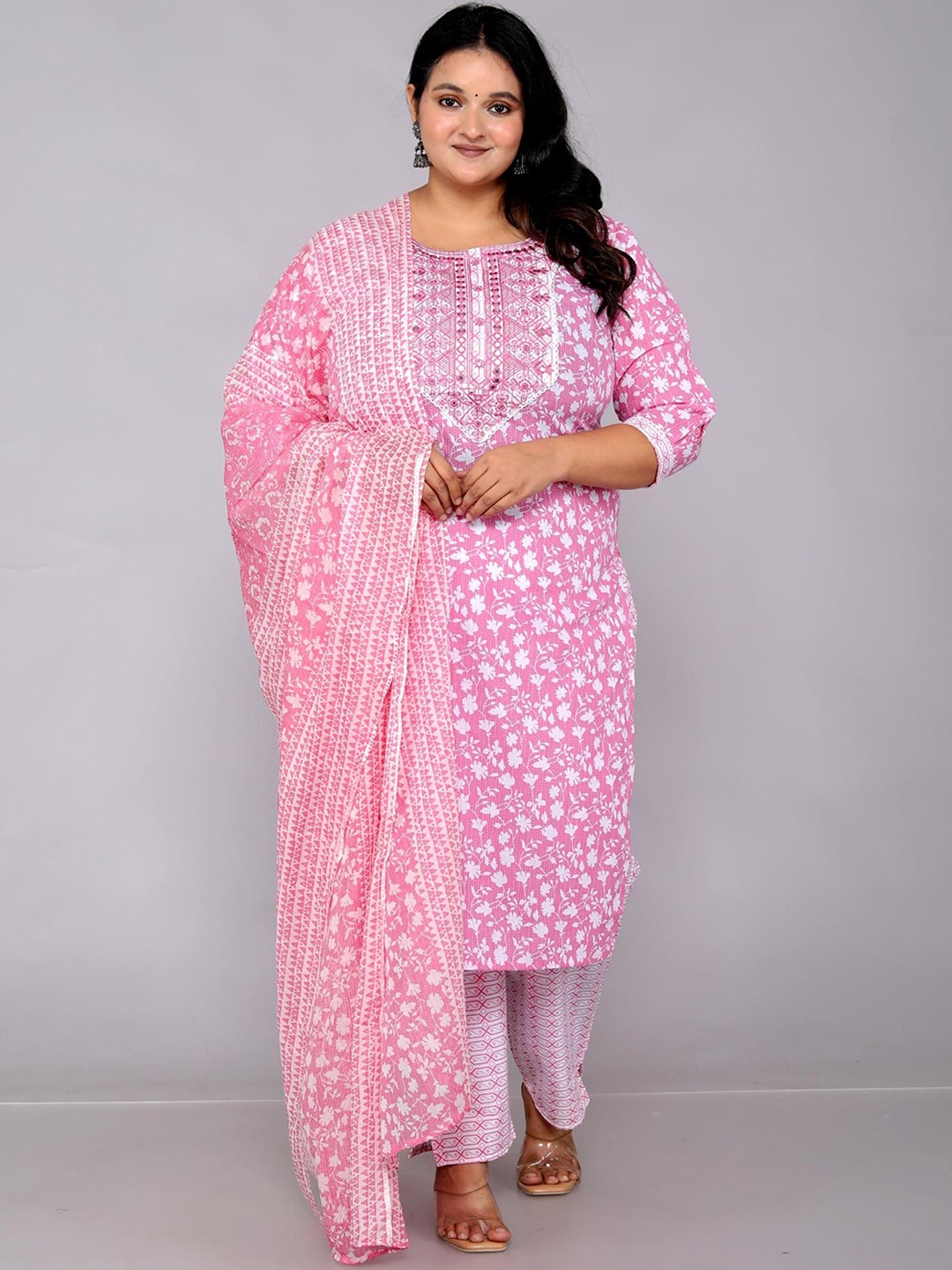 

KALINI Women Plus Size Printed Mirror Work Pure Cotton Kurta With Trousers & With Dupatta, Pink