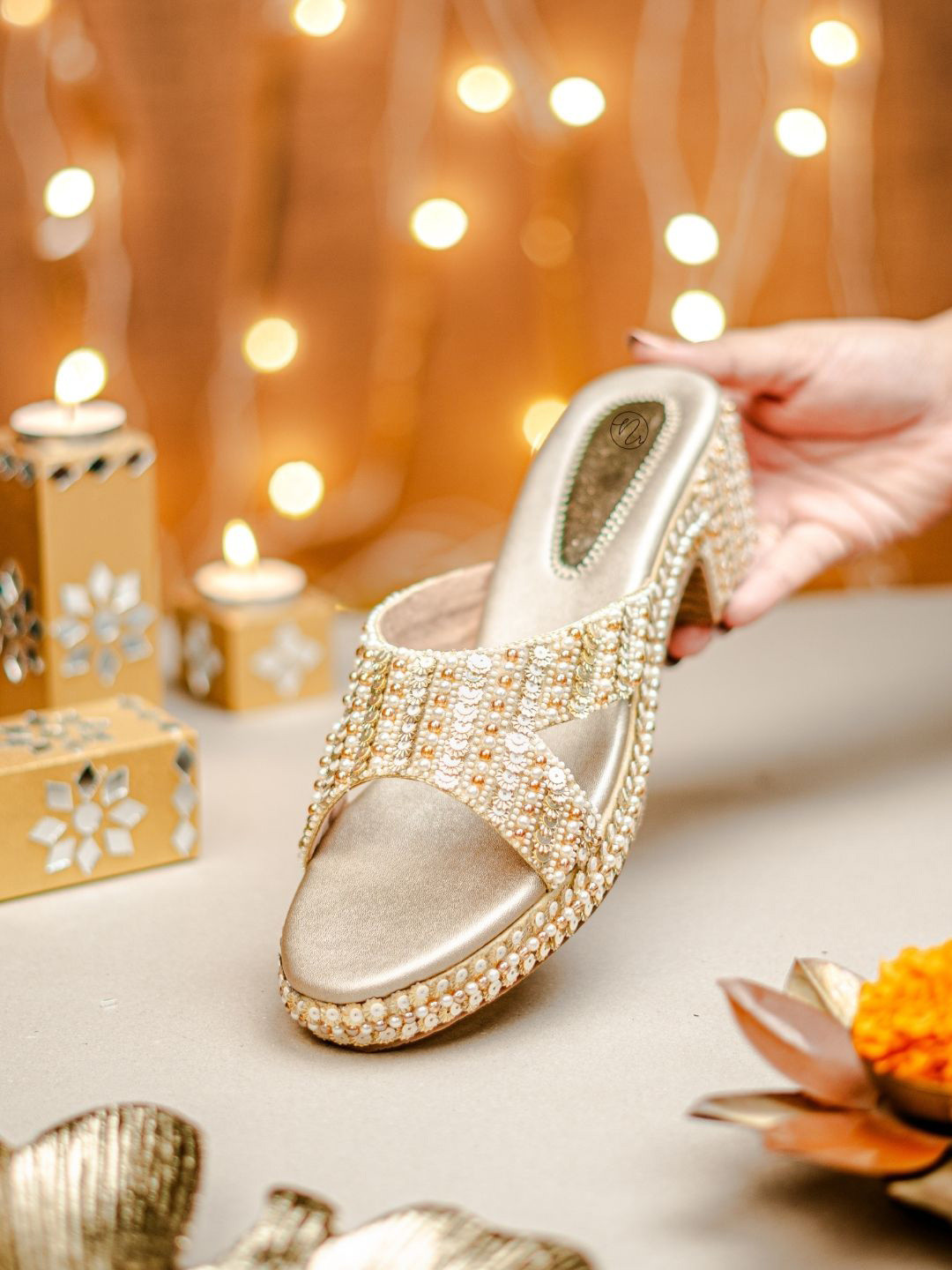

NR By Nidhi Rathi Women Embellished Party Block Heel Sandals, Gold