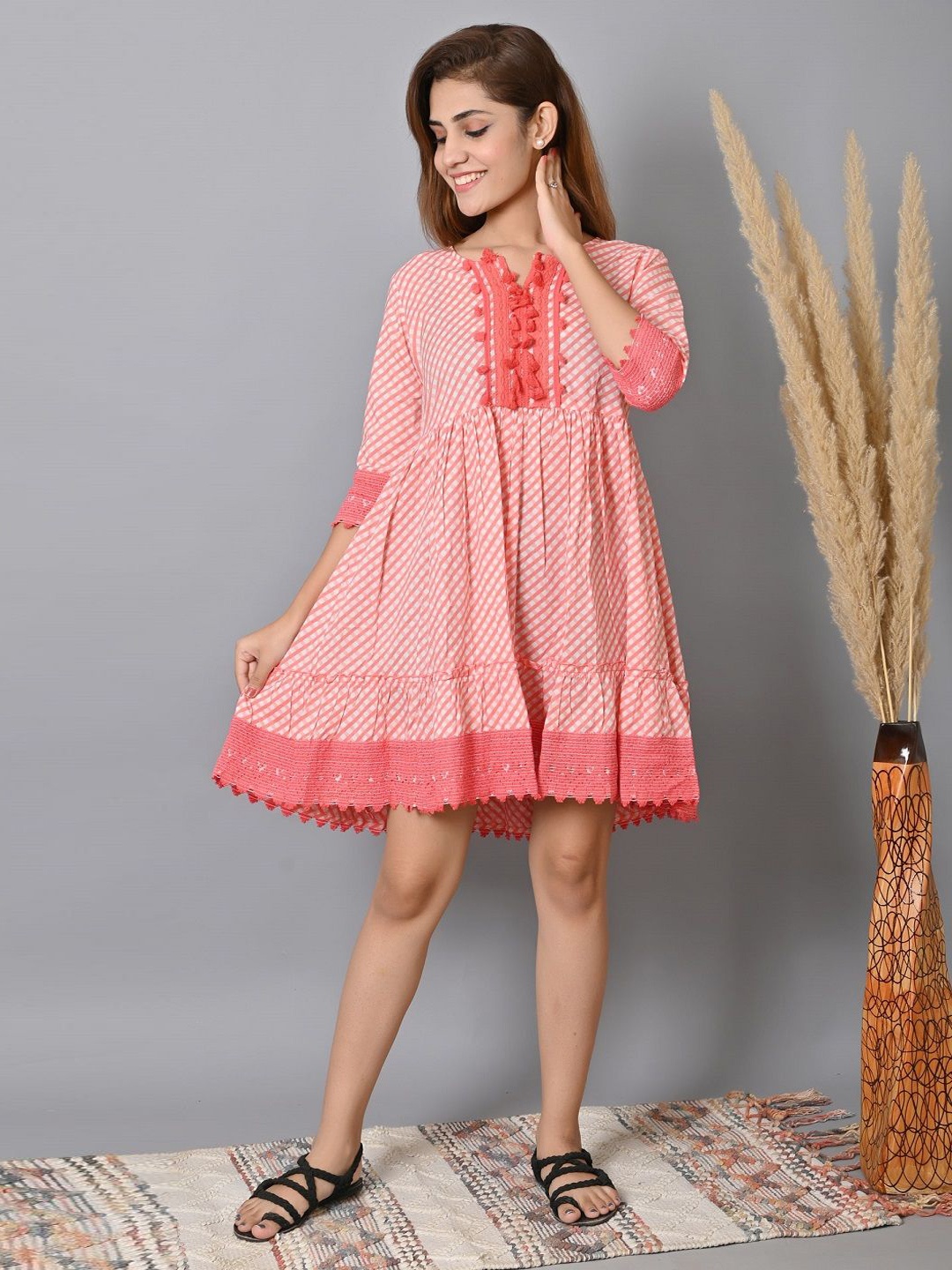 

CRENOL THREADS Checked A-Line Dress, Pink