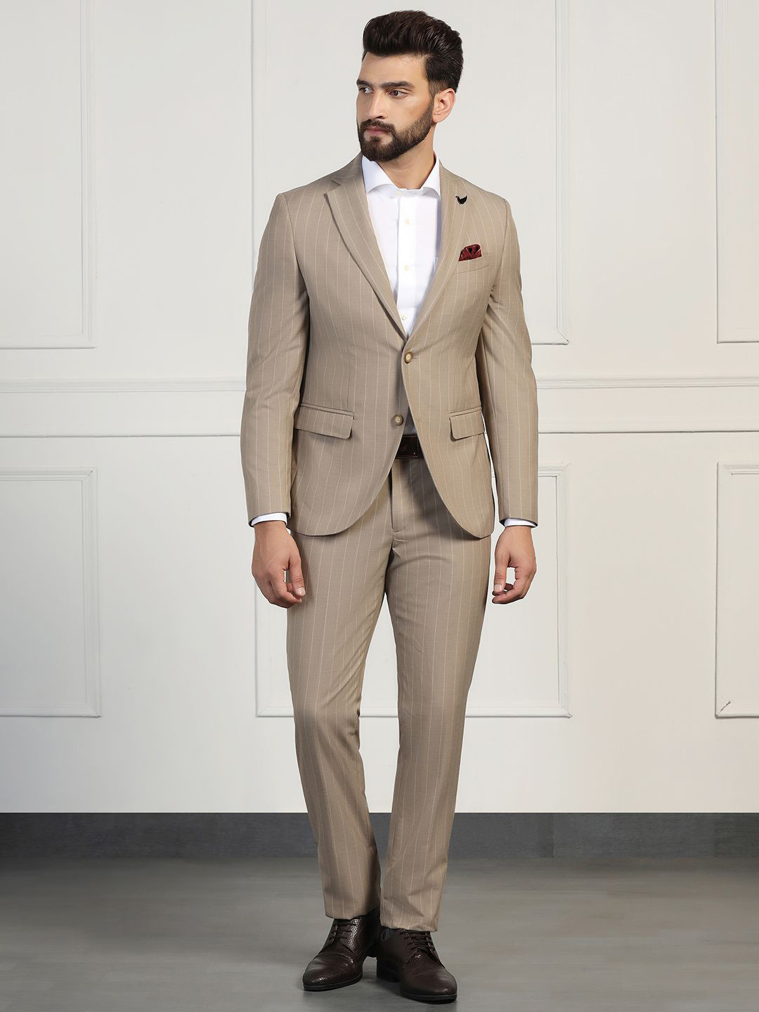 

Blackberrys Men Striped Slim-Fit Single-Breasted 2 Piece Formal Suit, Brown