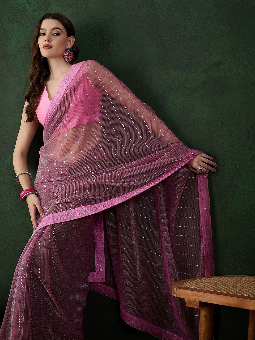 

Sangria Mysore Silk Embellished Saree With Blouse Piece, Pink
