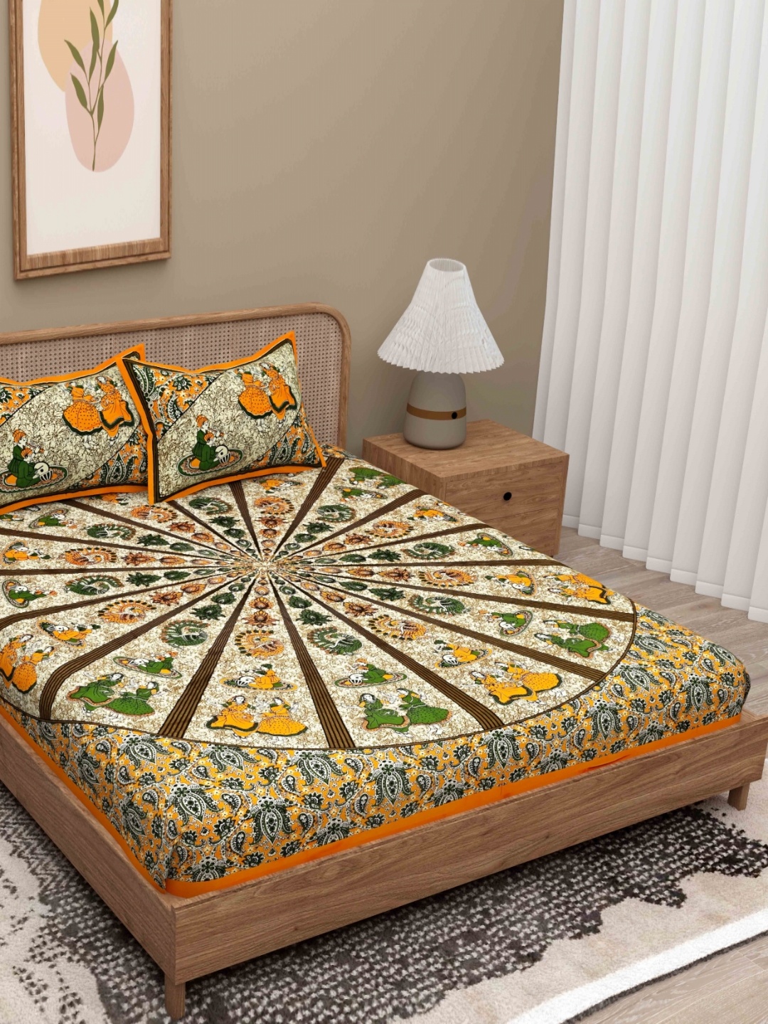 

Lali Prints Orange & Green Ethnic Motifs 180 TC Queen Bedsheet with 2 Pillow Covers