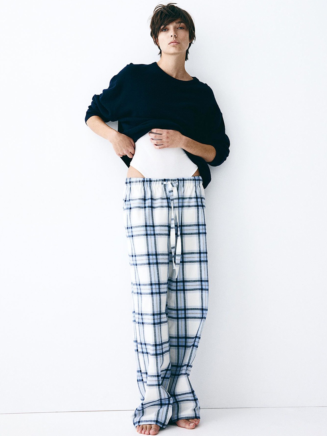 

H&M Checked Pure Cotton Flannel Pyjama Bottom Lounge Pant, White