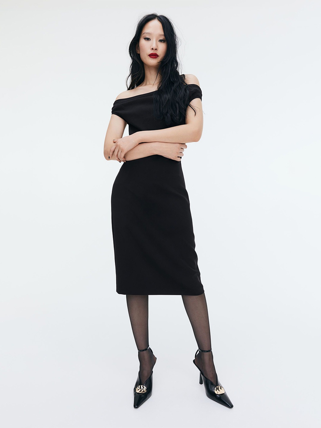 

H&M Draped Twill Dress, Black