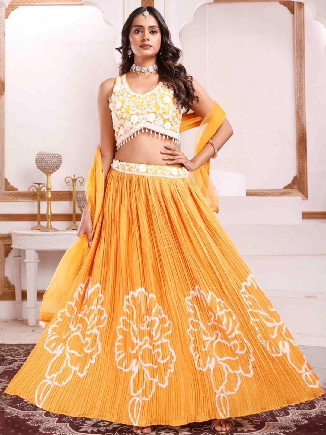 

LUGAI Embroidered Beads and Stones Ready to Wear Lehenga & Blouse With Dupatta, Yellow