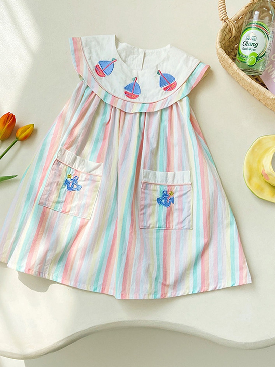 

LULU & SKY Girls Cotton Striped Flutter Sleeve A-Line Dress, White
