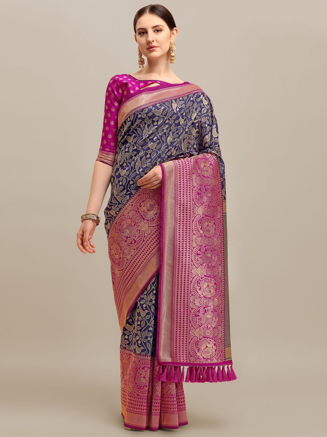 

DIVASTRI Woven Design Zari Silk Blend Saree, Navy blue