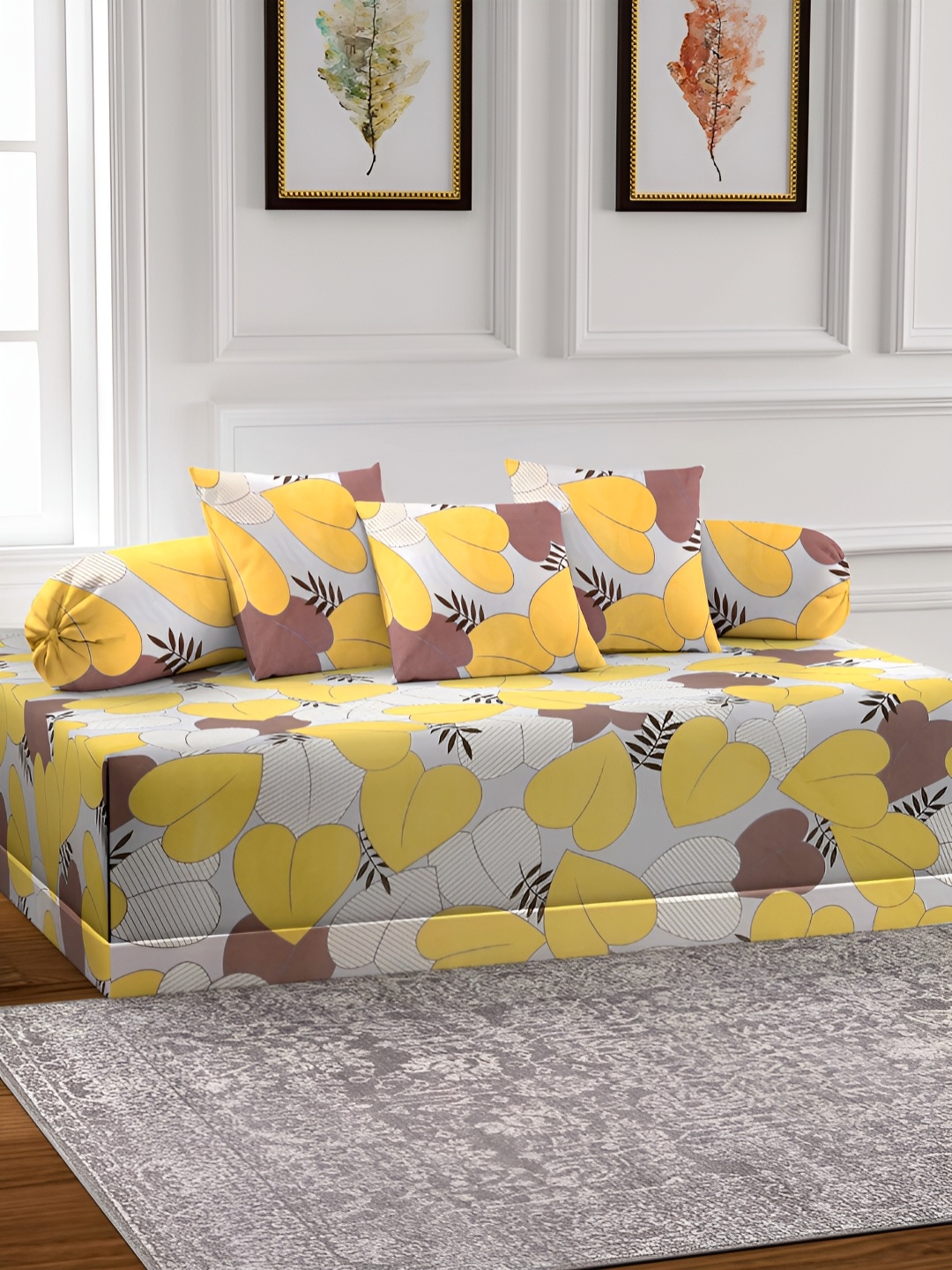 

Arrabi 6-Pcs White & Yellow Printed Diwan Set