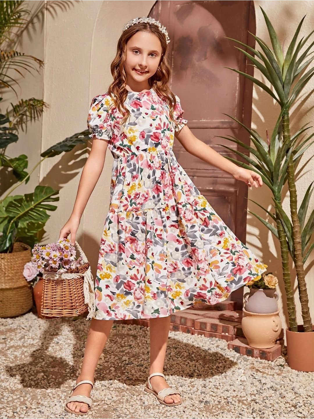 

Miss & Chief Girls Floral Printed Fit & Flare Midi Dress, Peach