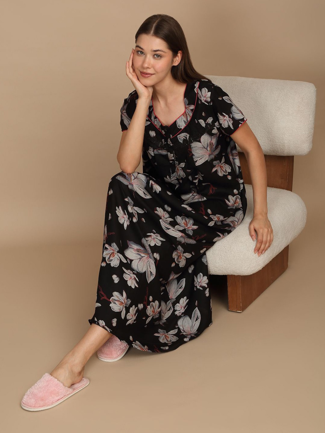 

Sweet Dreams Women Pure Cotton Floral Printed Maxi Nightdress, Black