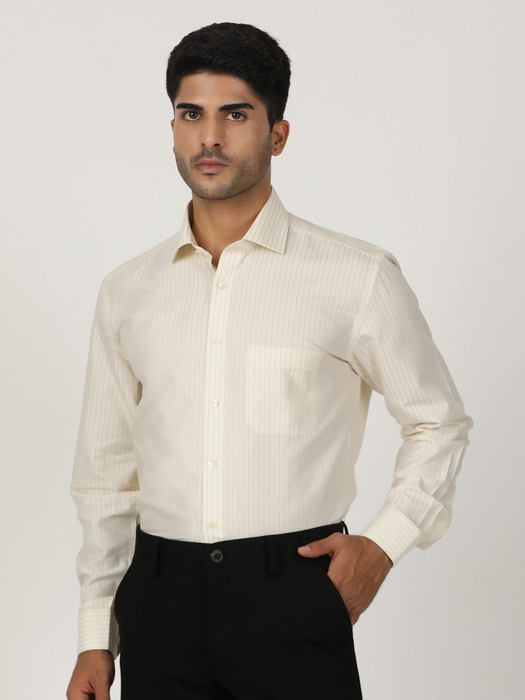 

Greenfibre Men Opaque Striped Formal Shirt, Yellow