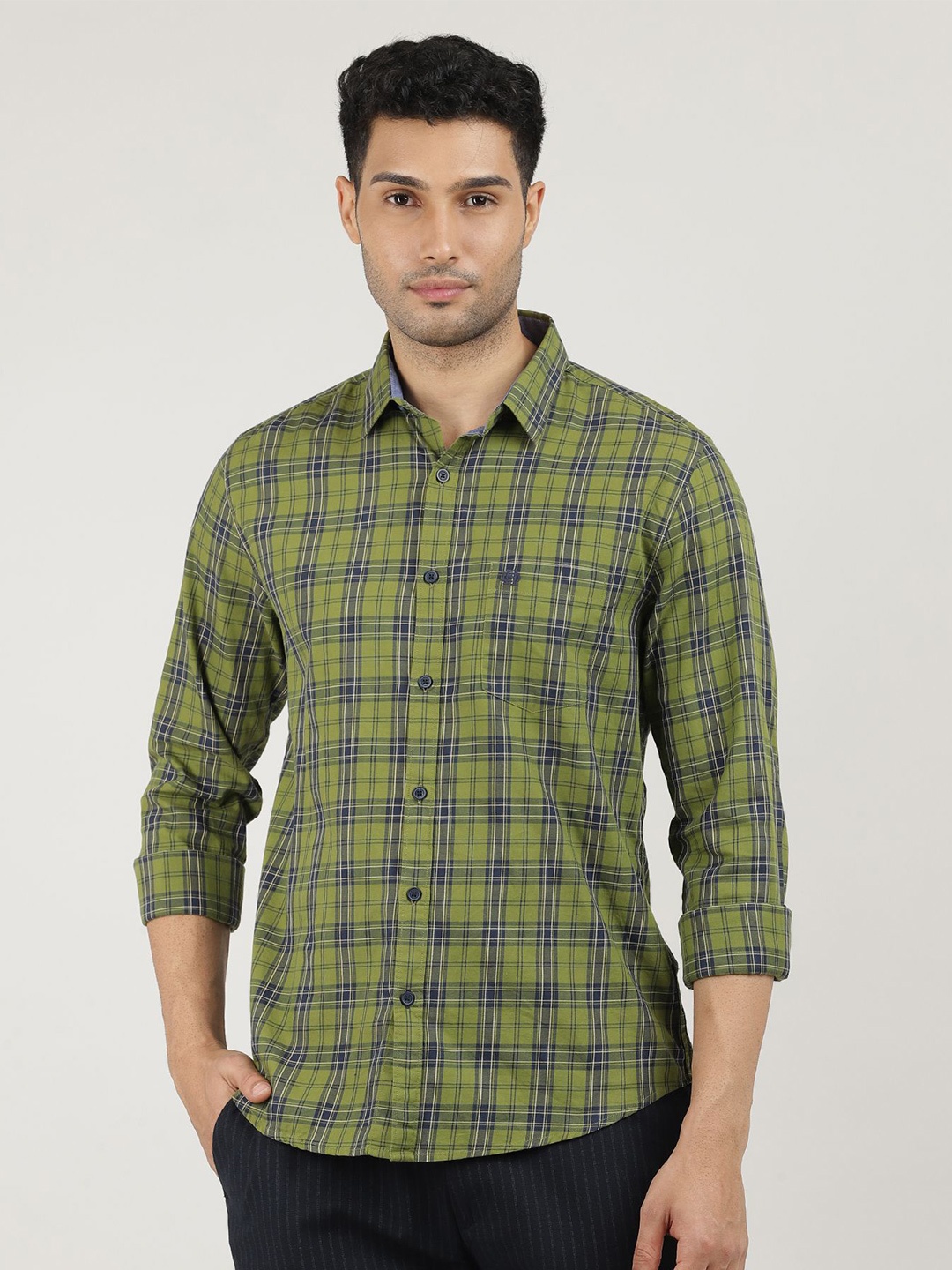 

DRAGON HILL Men Classic Slim Fit Tartan Checks Opaque Checked Casual Shirt, Olive