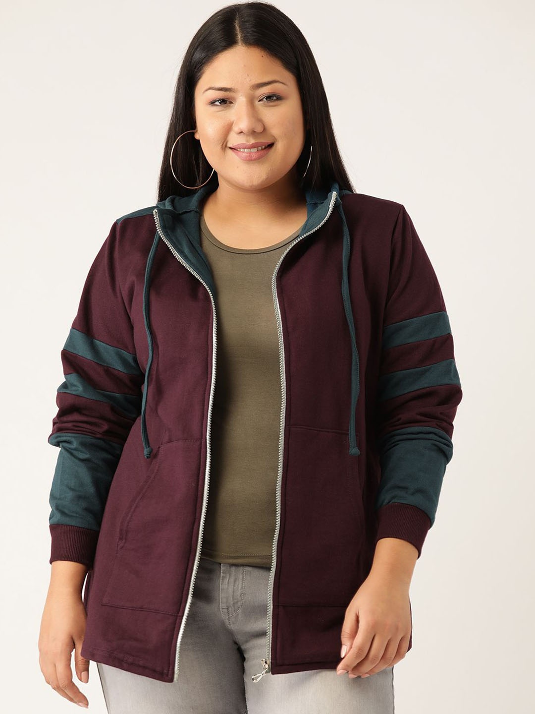 

theRebelinme Women Colourblocked Open Front Jacket, Burgundy