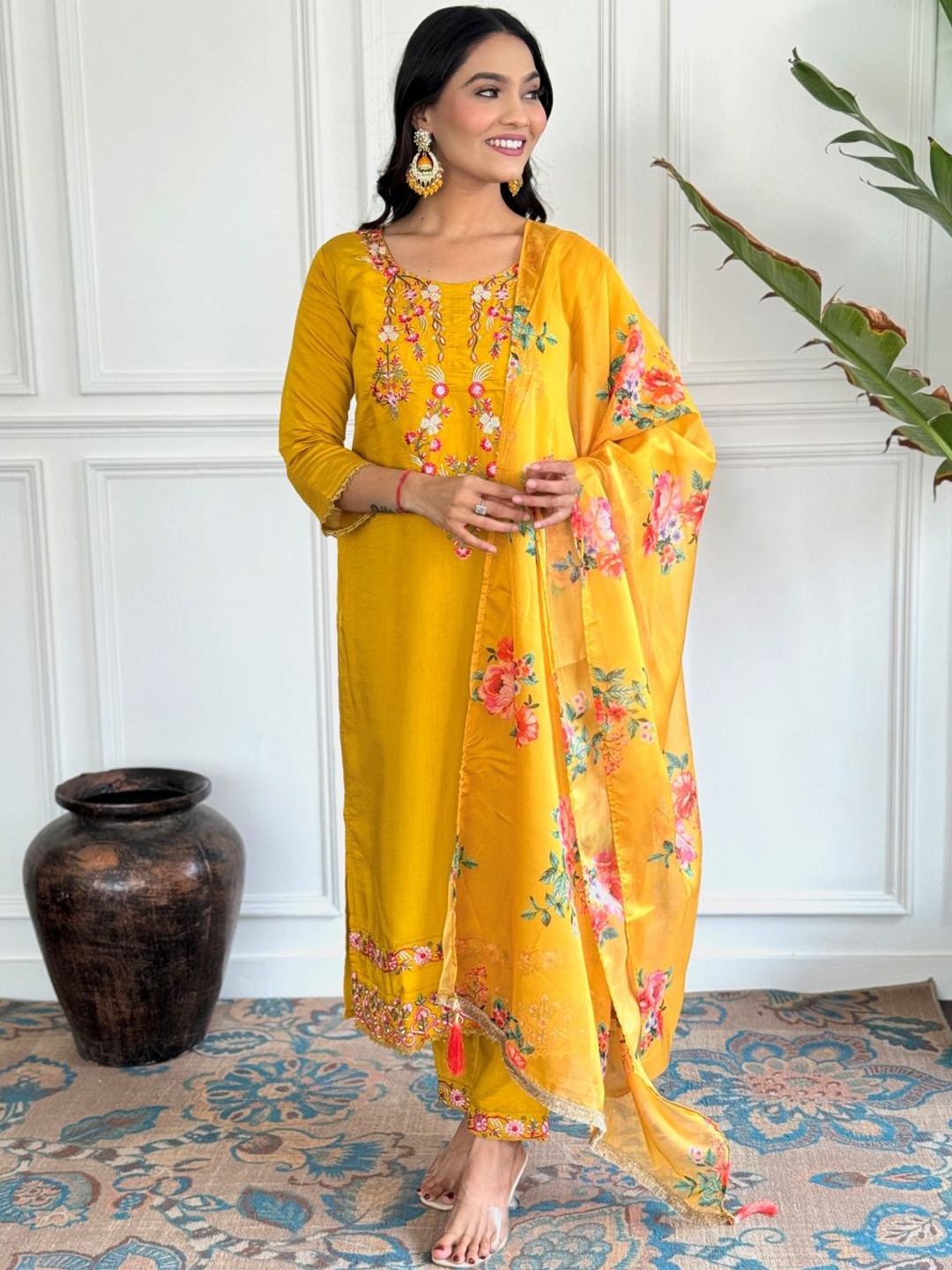 

JAPNAAM Floral Embroidered Thread Work Chanderi Silk Straight Kurta with Trouser & Dupatta, Mustard