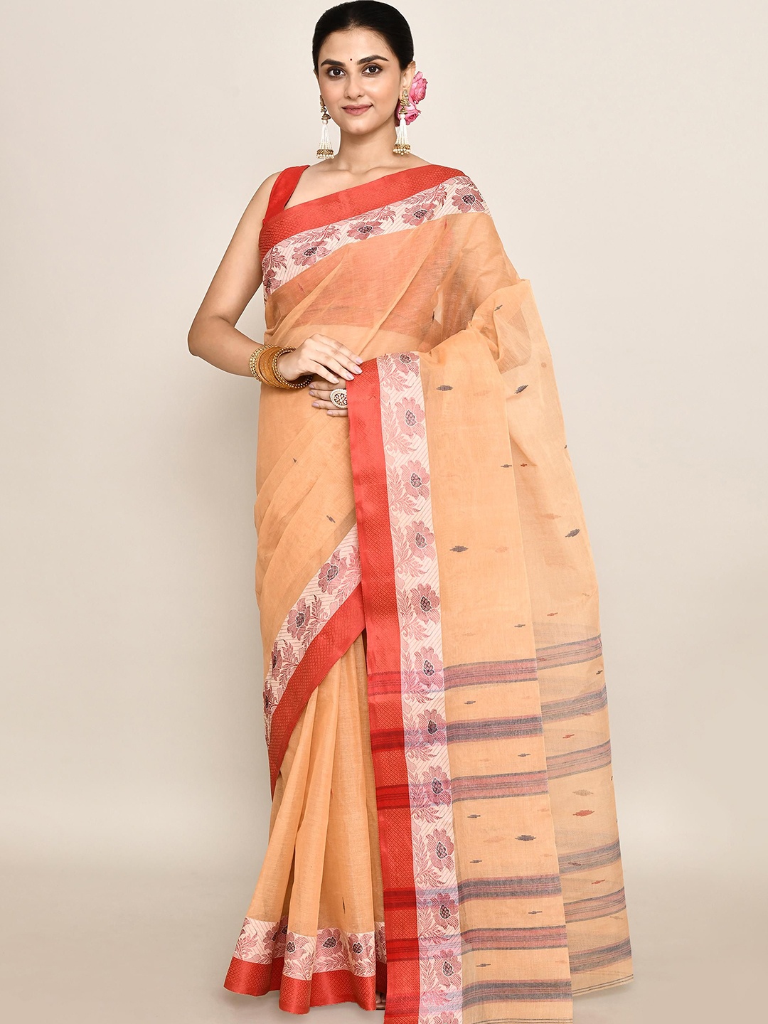

PUKU Ethnic Motifs Patchwork Pure Cotton Handloom Taant Saree without blouse fabric, Beige