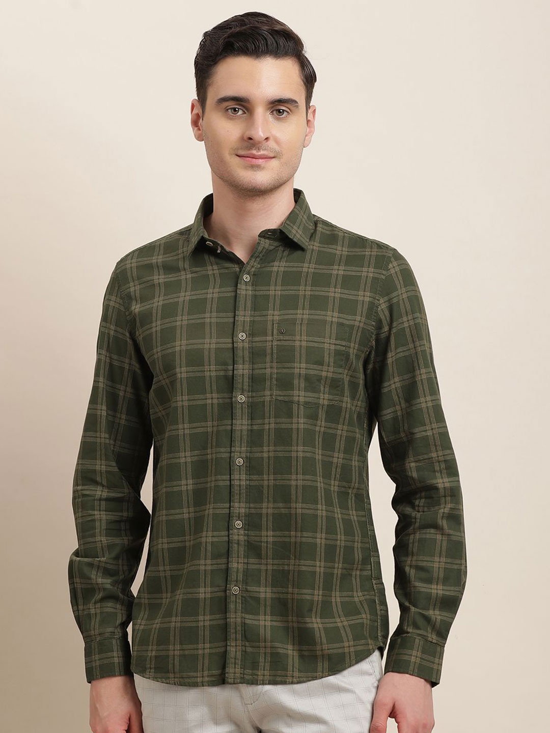 

Turtle Men Relaxed Slim Fit Tartan Checks Opaque Checked Casual Shirt, Green