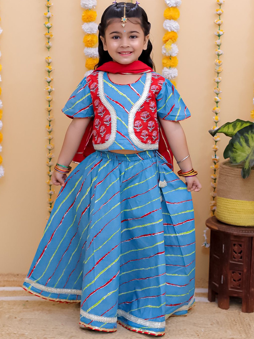 

UNBIND Girls Striped Gotta Patti Cotton Ready to Wear Lehenga & Blouse With Dupatta, Blue
