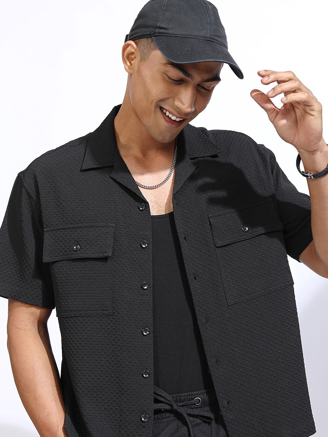 

LOCOMOTIVE Premium Men Popcorn Textured Cuban Collar Utility Pocket Oversized Shirt, Black