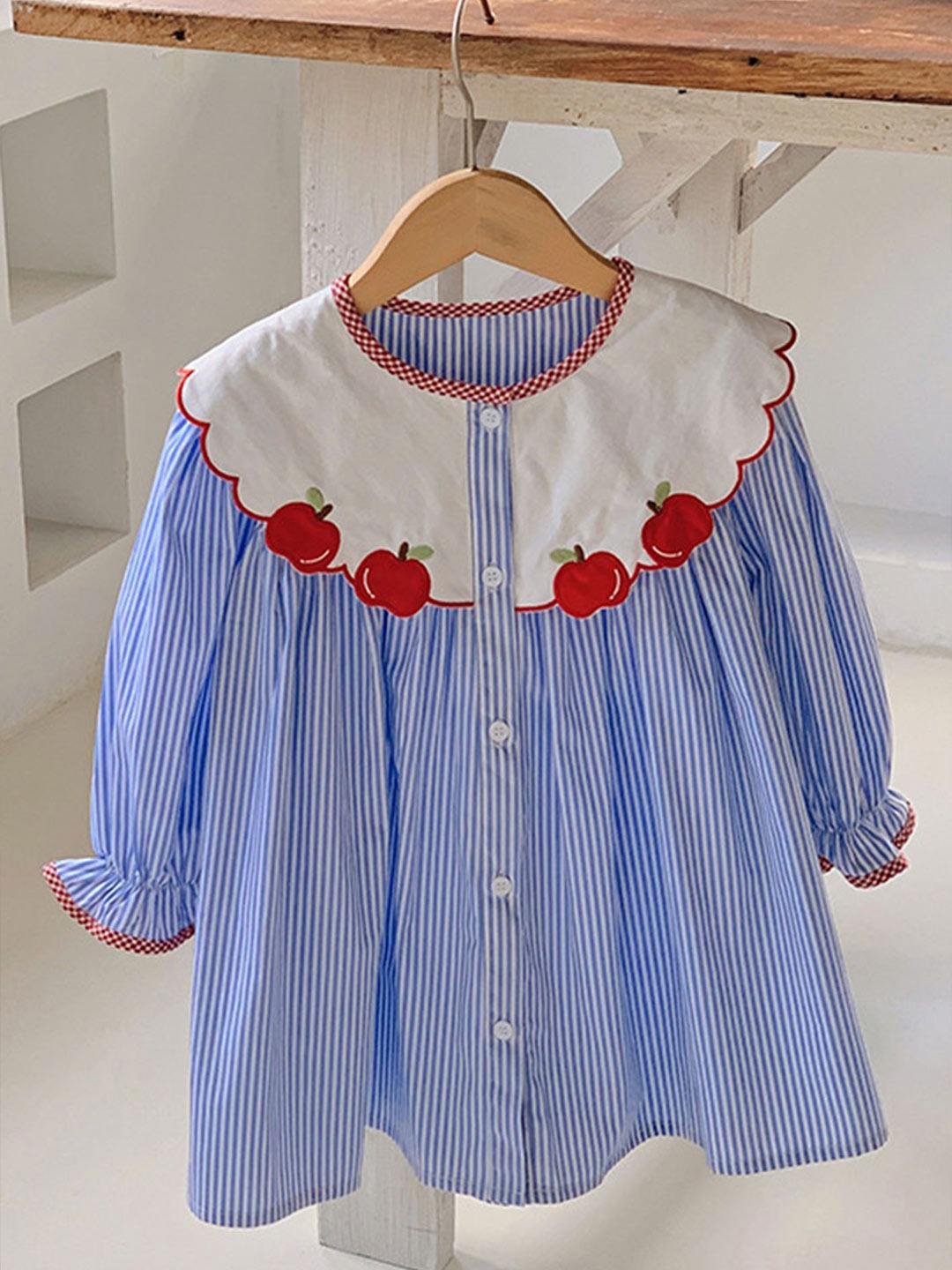 

LULU & SKY Girls Striped Gathered Cotton Button-up Shirt Dress, Blue