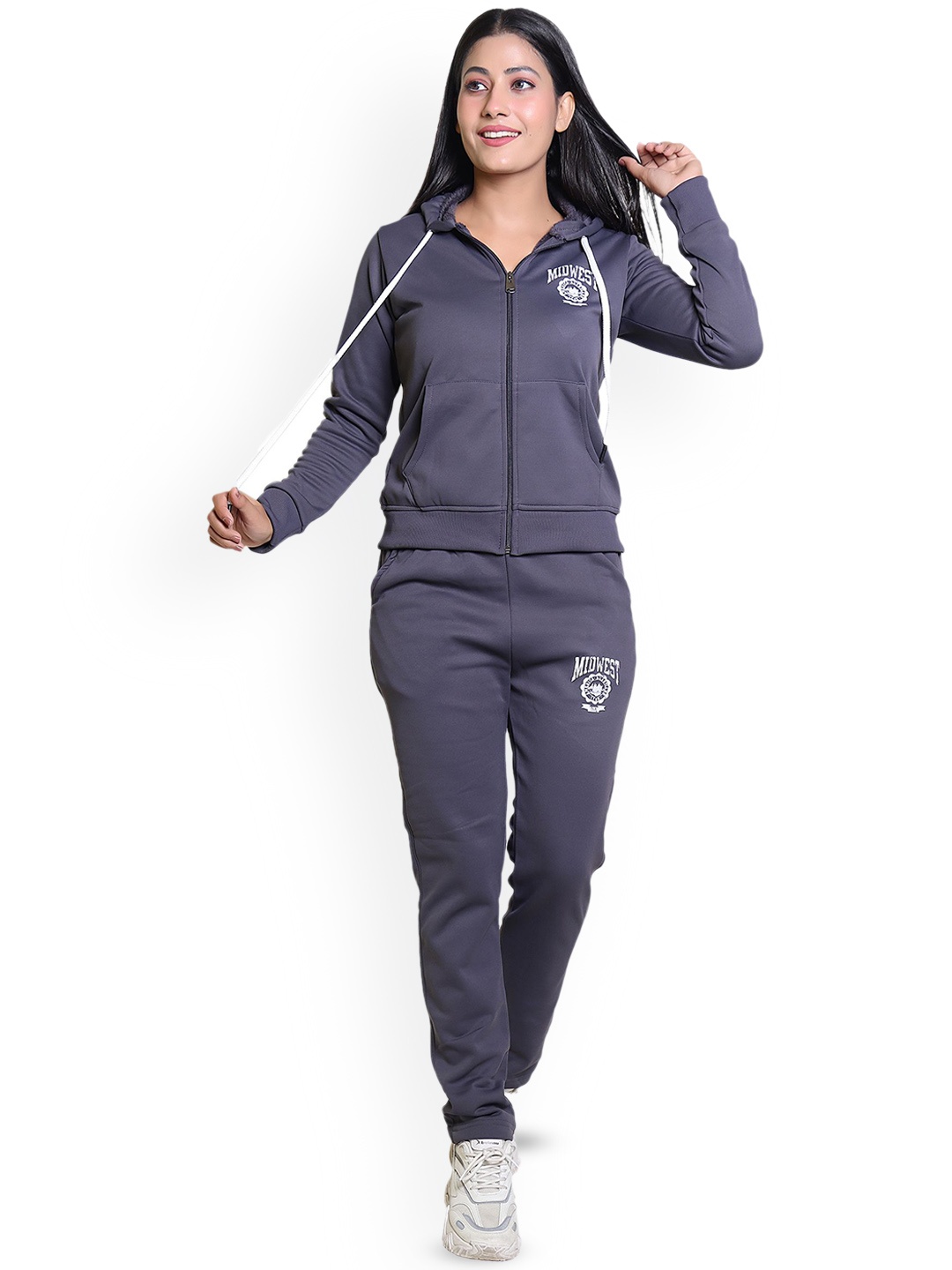 

Divine Girl Women Hooded Neck Tracksuit, Grey