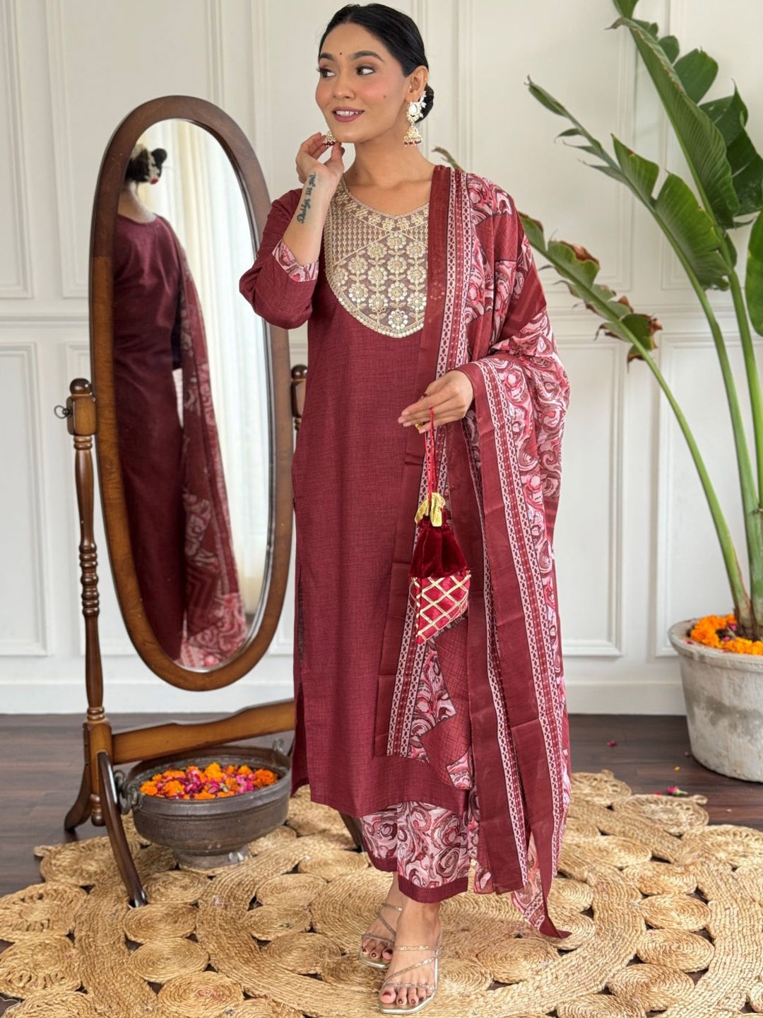 

KALINI Embroidered Kurta with Trousers & With Dupatta, Red
