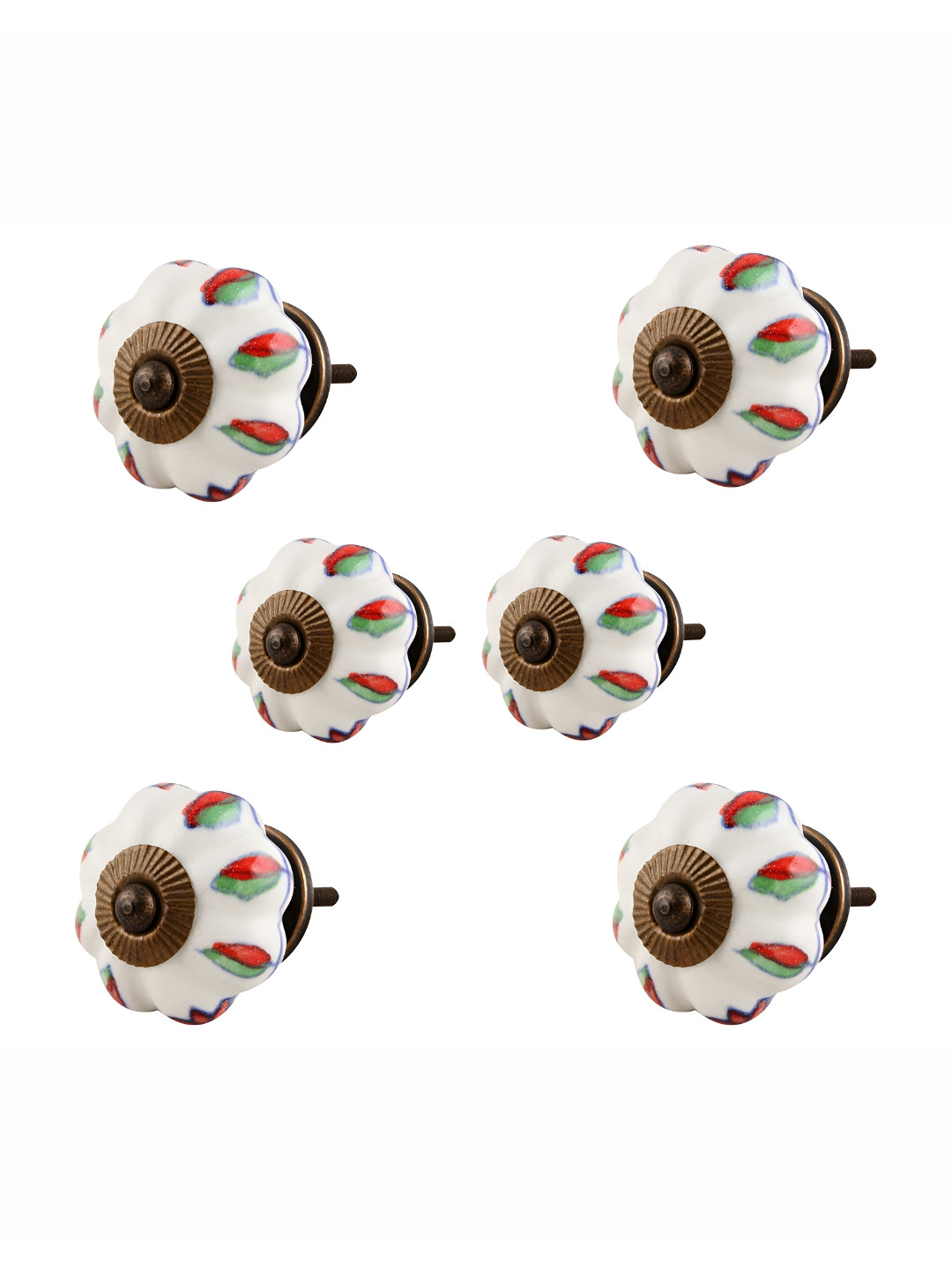 

Indianshelf White & Red 6 Pieces Flower Printed Ceramic Knobs