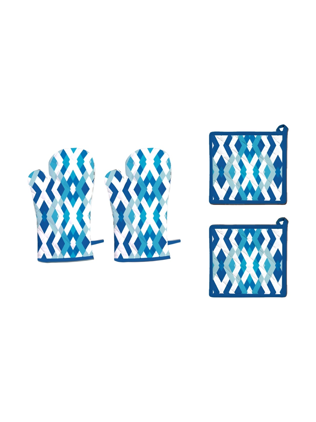 

Lushomes Set Of 4 Blue & White Printed Pure Cotton Oven Gloves & Pot Holders