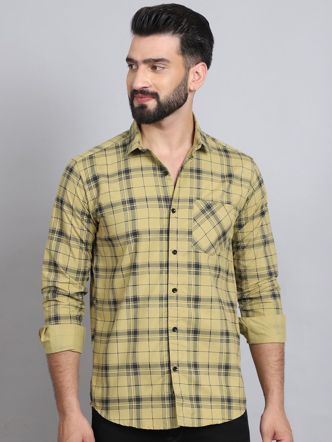 

Tanip Men Sheer Checked Casual Shirt, Khaki