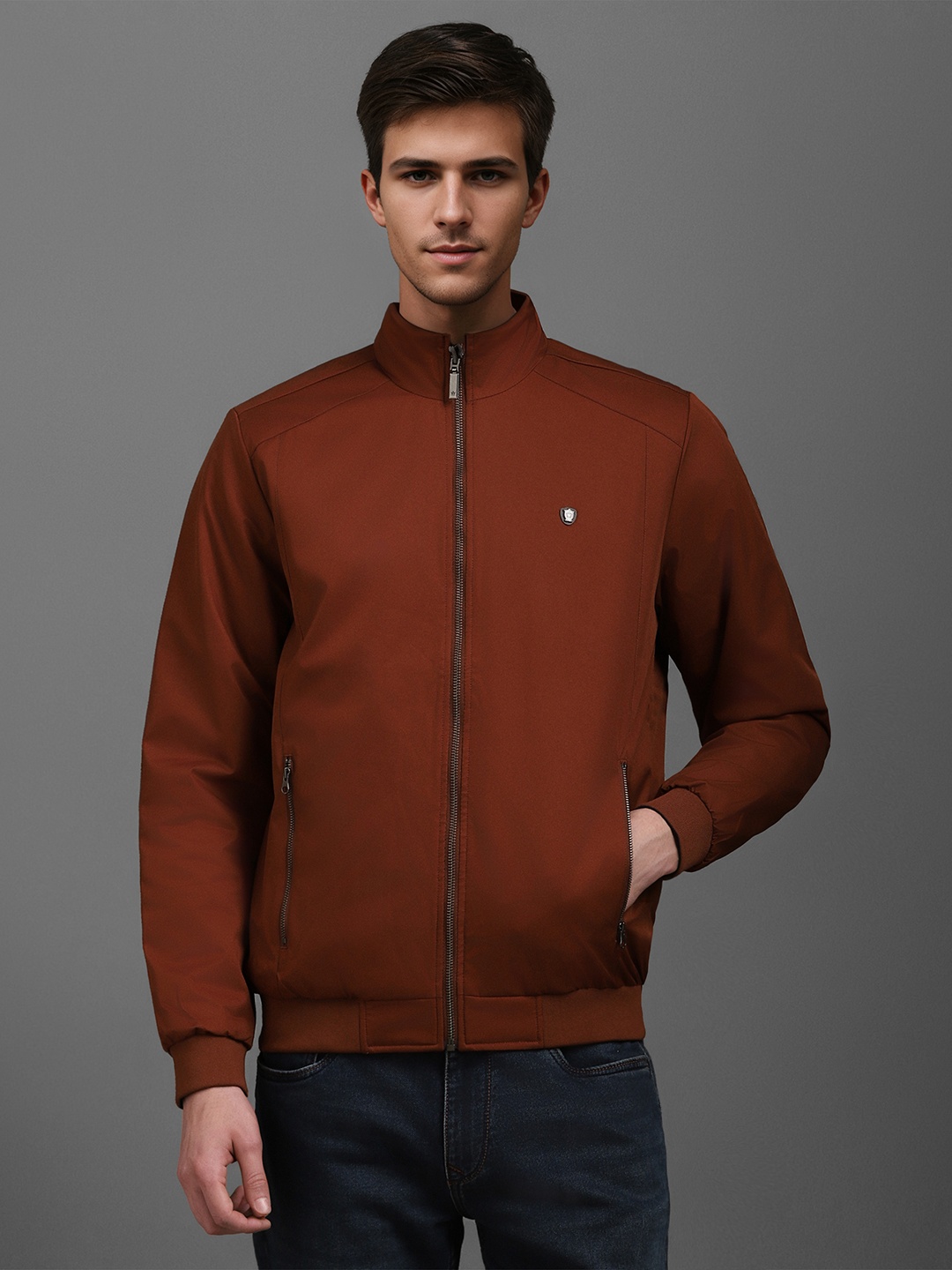 

Louis Philippe Men Mock Collar Solid Casual Bomber Reversible Jacket, Navy blue