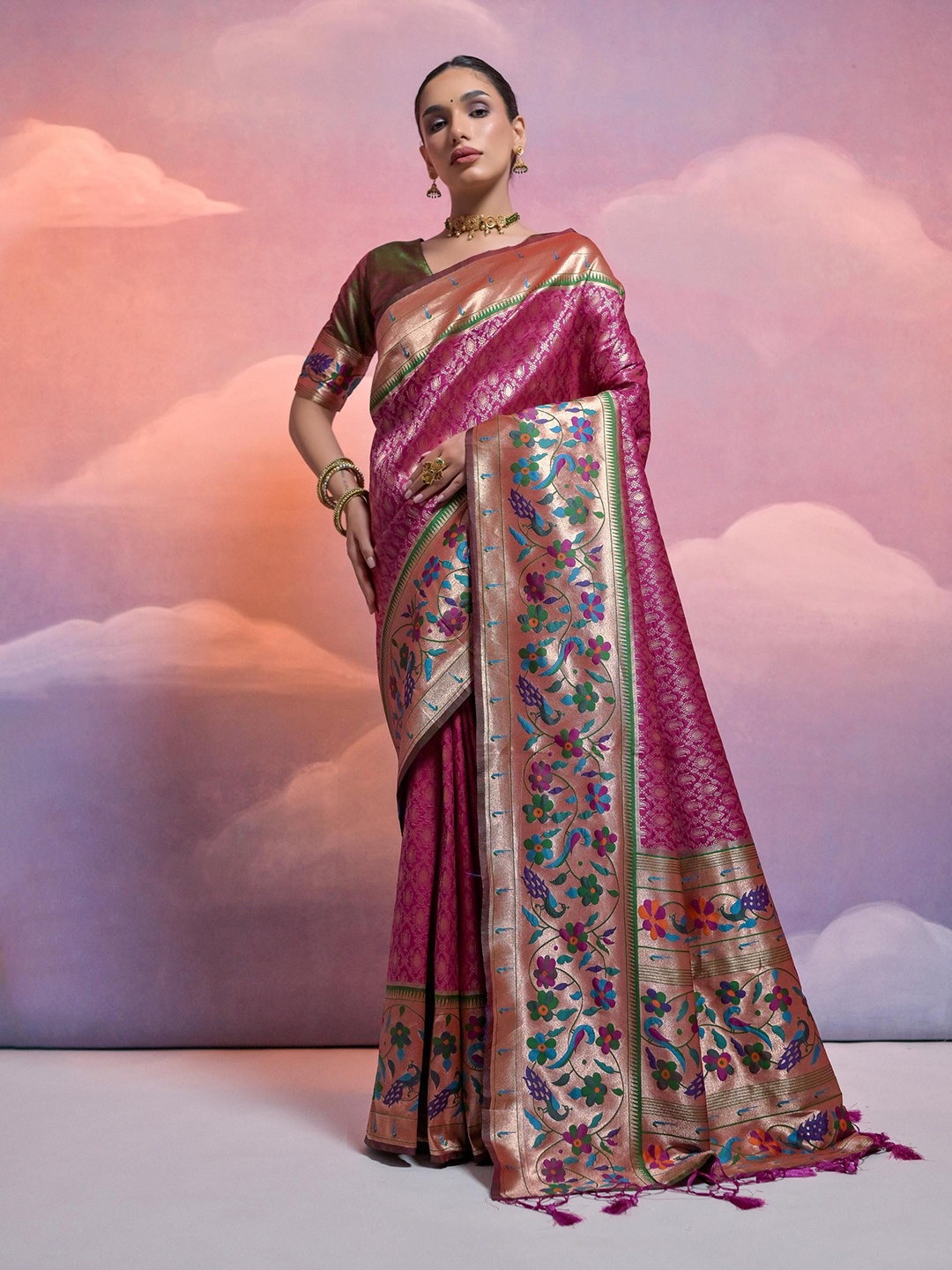 

Jinal & Jinal Woven Design Zari Pure Silk Paithani Saree, Violet