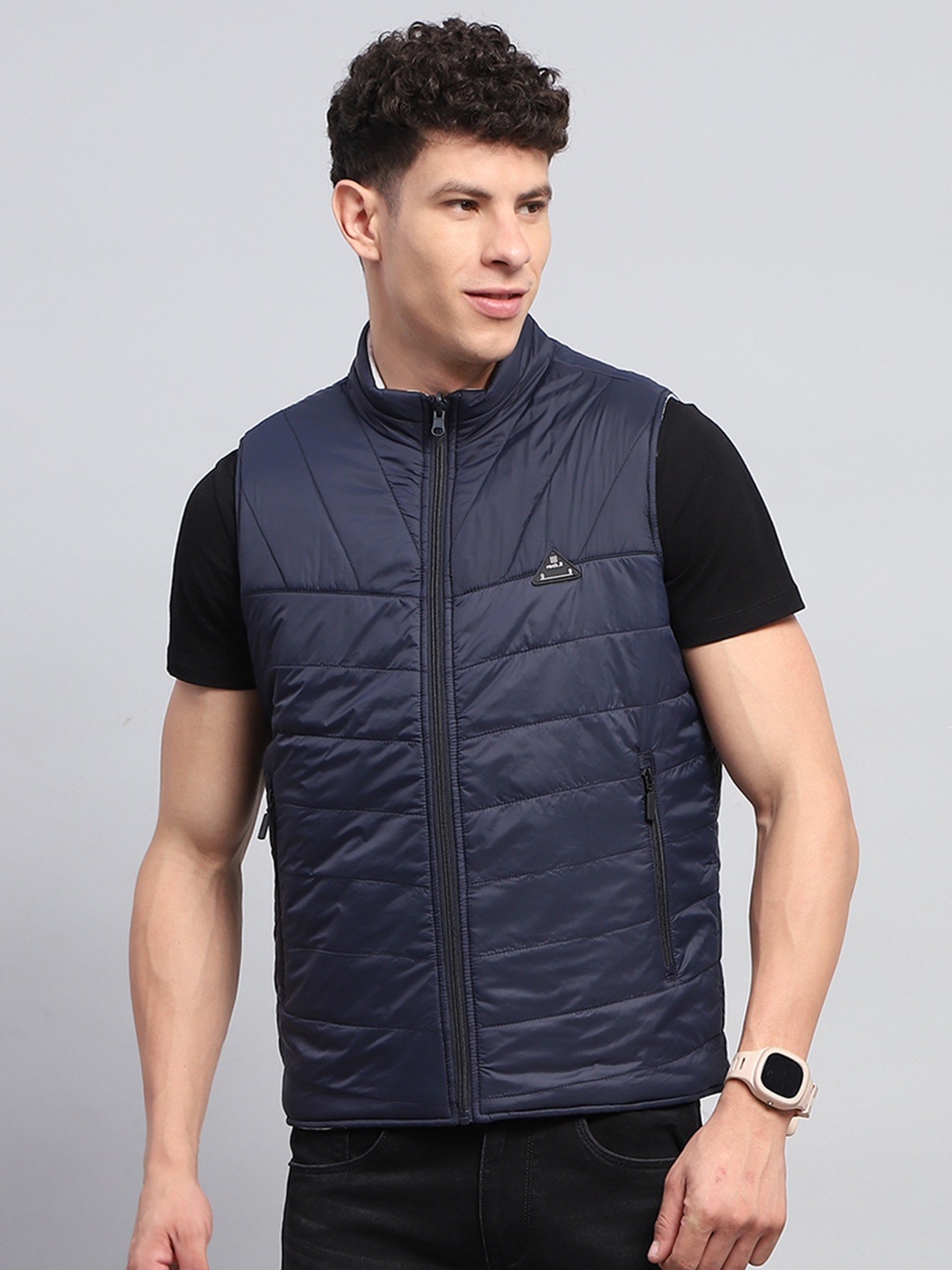 

rock.it Men Mock Collar Solid Casual Quilted Reversible Jacket, Navy blue
