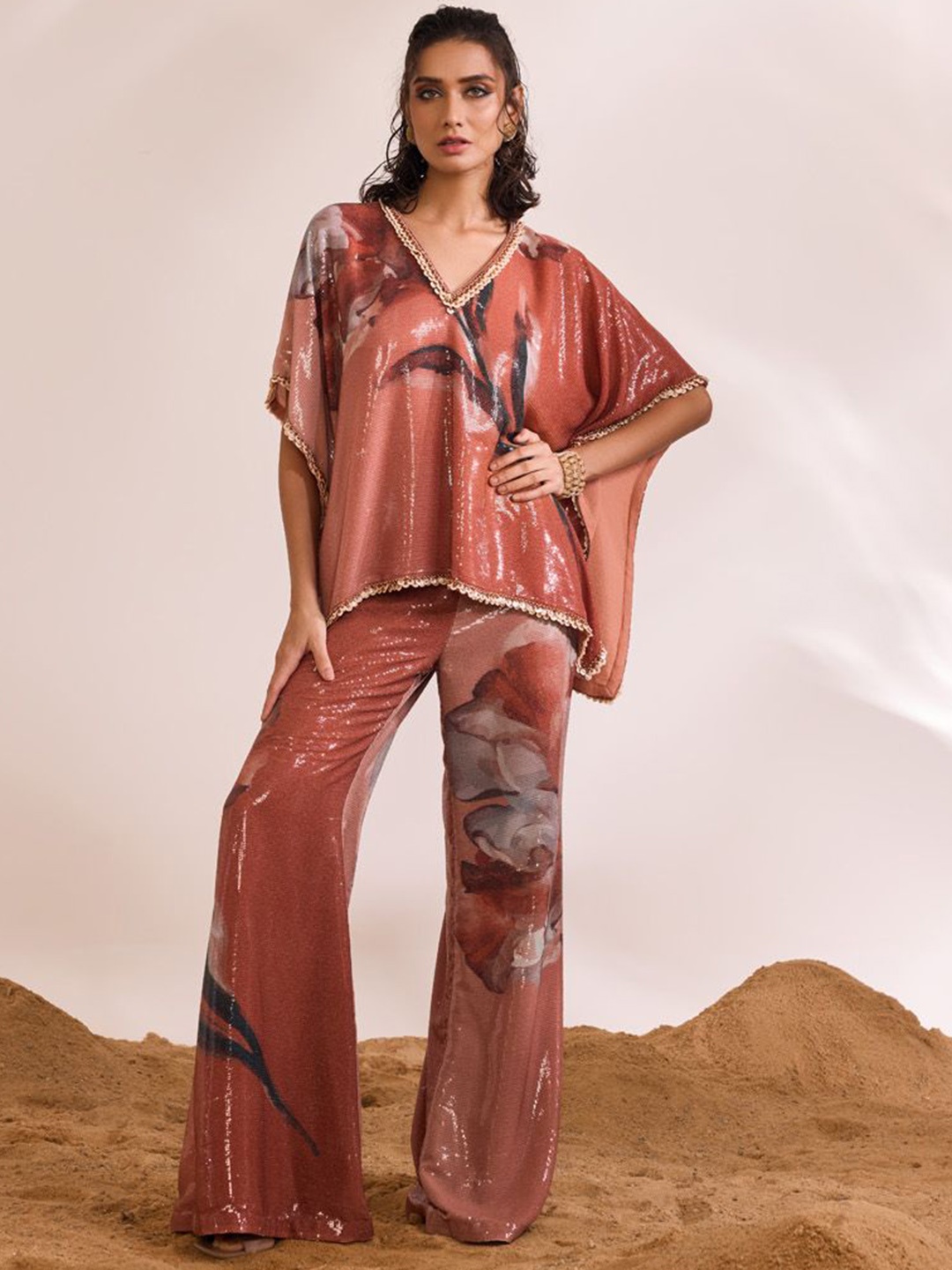 

DIVYA AGGARWAL V-Neck Embellished Kaftan Top & Trousers, Rust
