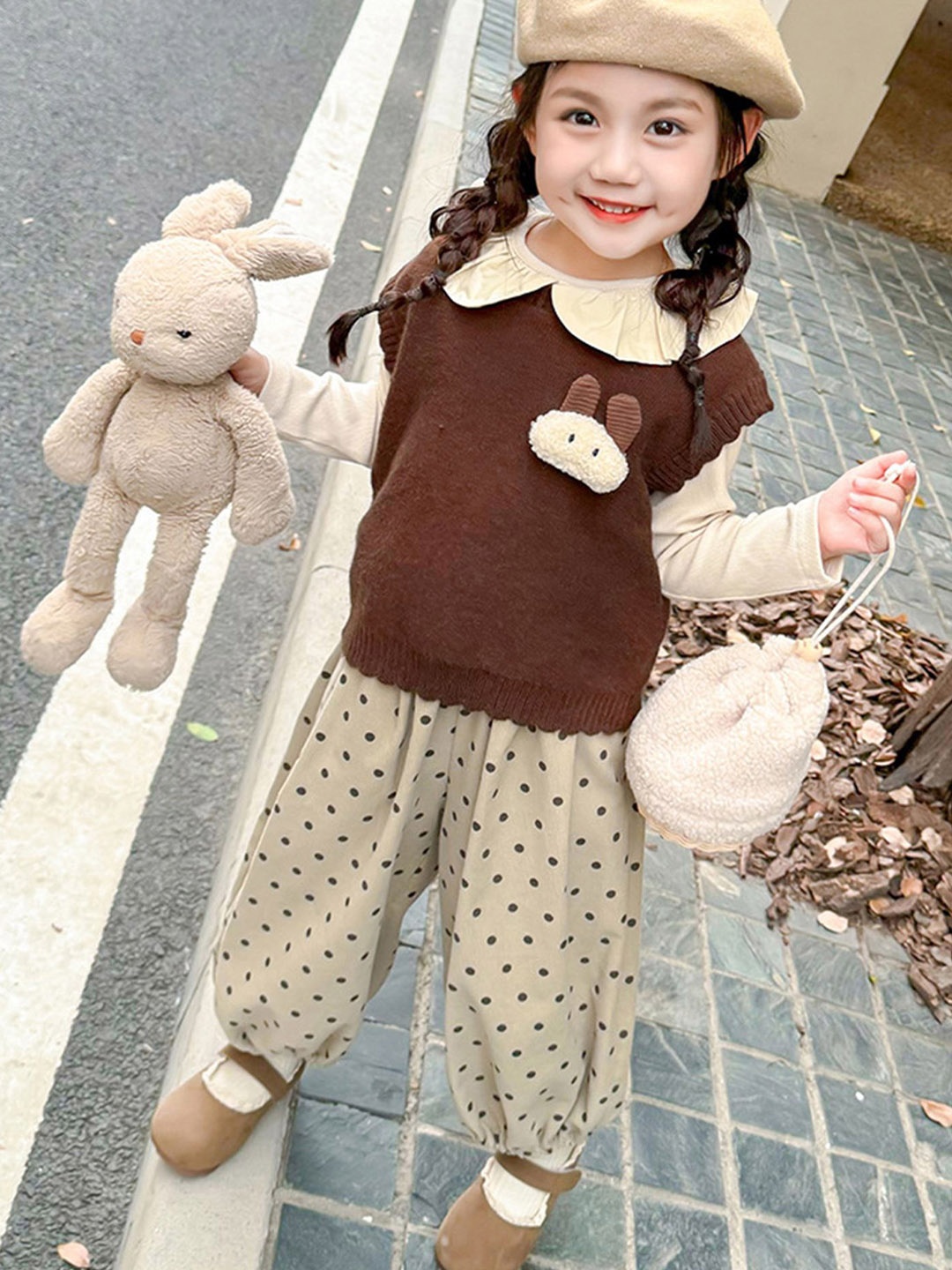 

LULU & SKY Girls Peter Pan Collar Long Sleeves Top With Trouser With Sweater, Beige