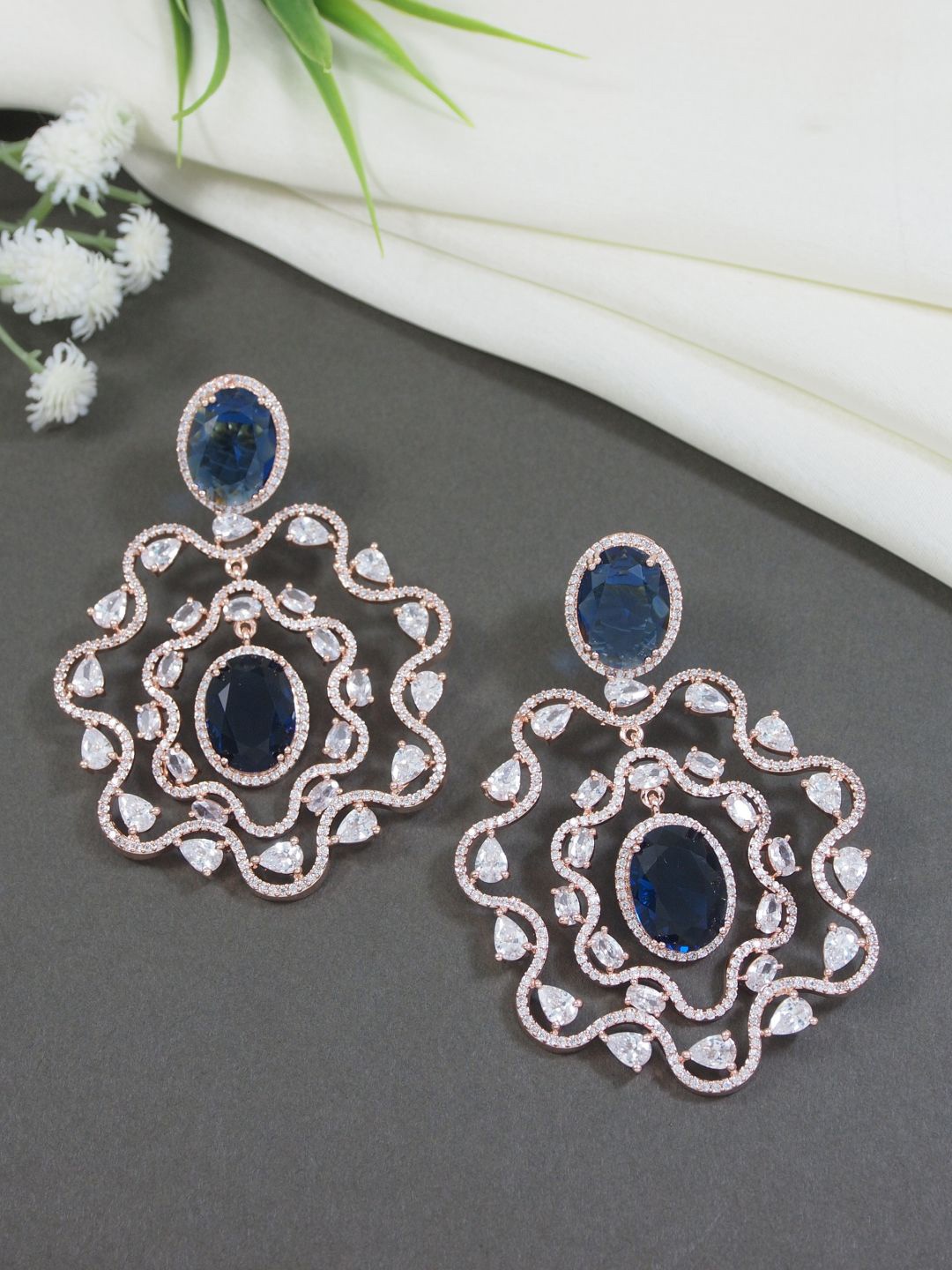 

I Jewels Rose Gold-Plated Contemporary Drop Earrings, Blue