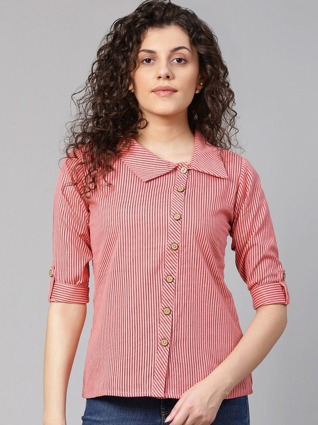 

KALINI Striped Shirt Style Top, Peach