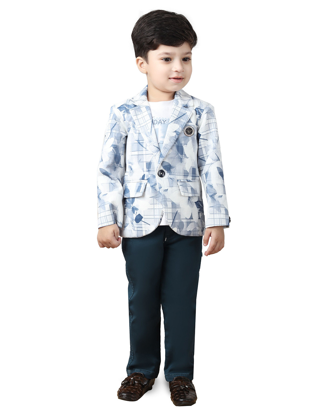 

BAESD Boys Printed Notched Lapel Collar Blazer with Trouser & T-Shirt 3-Piece Suit, Blue
