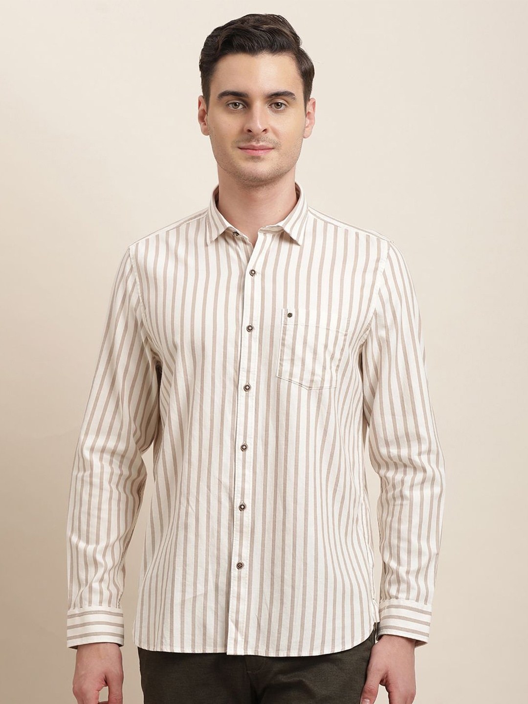 

Turtle Men Relaxed Slim Fit Opaque Striped Casual Shirt, Beige