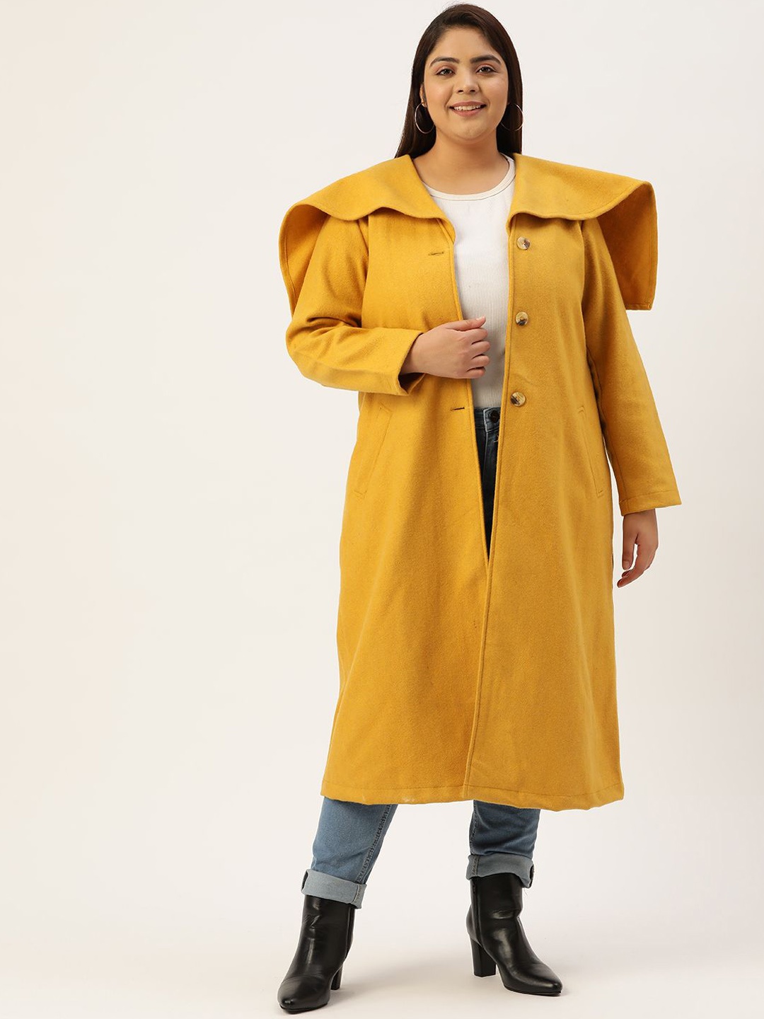 

theRebelinme Women Plus Size Single-Breasted Longline Overcoat, Mustard