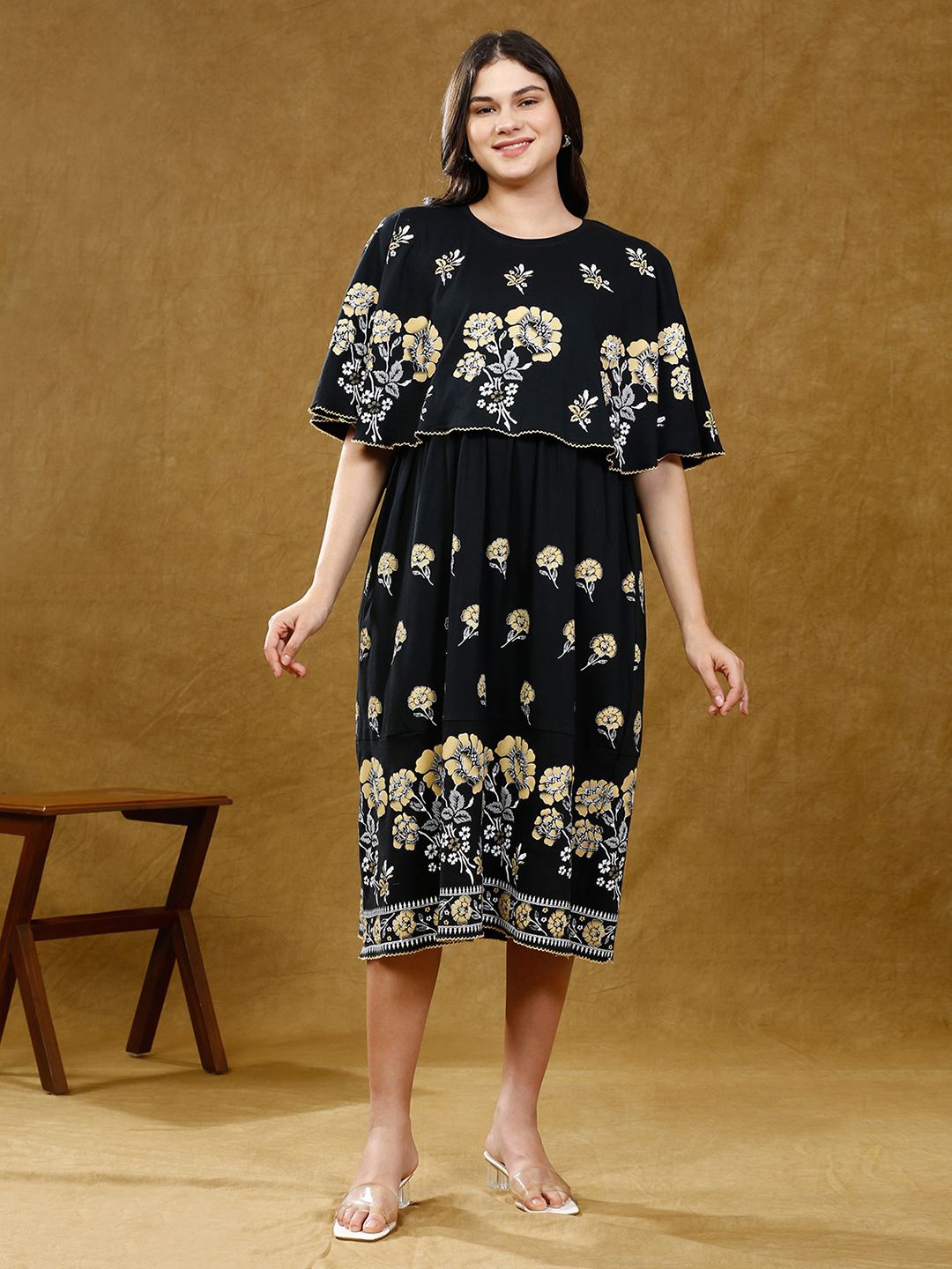 

True Shape Print Layered Maternity Midi Dress, Black