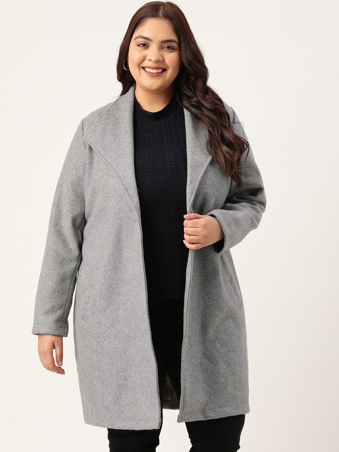 

theRebelinme Women Plus Size Notched Lapel Single-Breasted Overcoat, Grey
