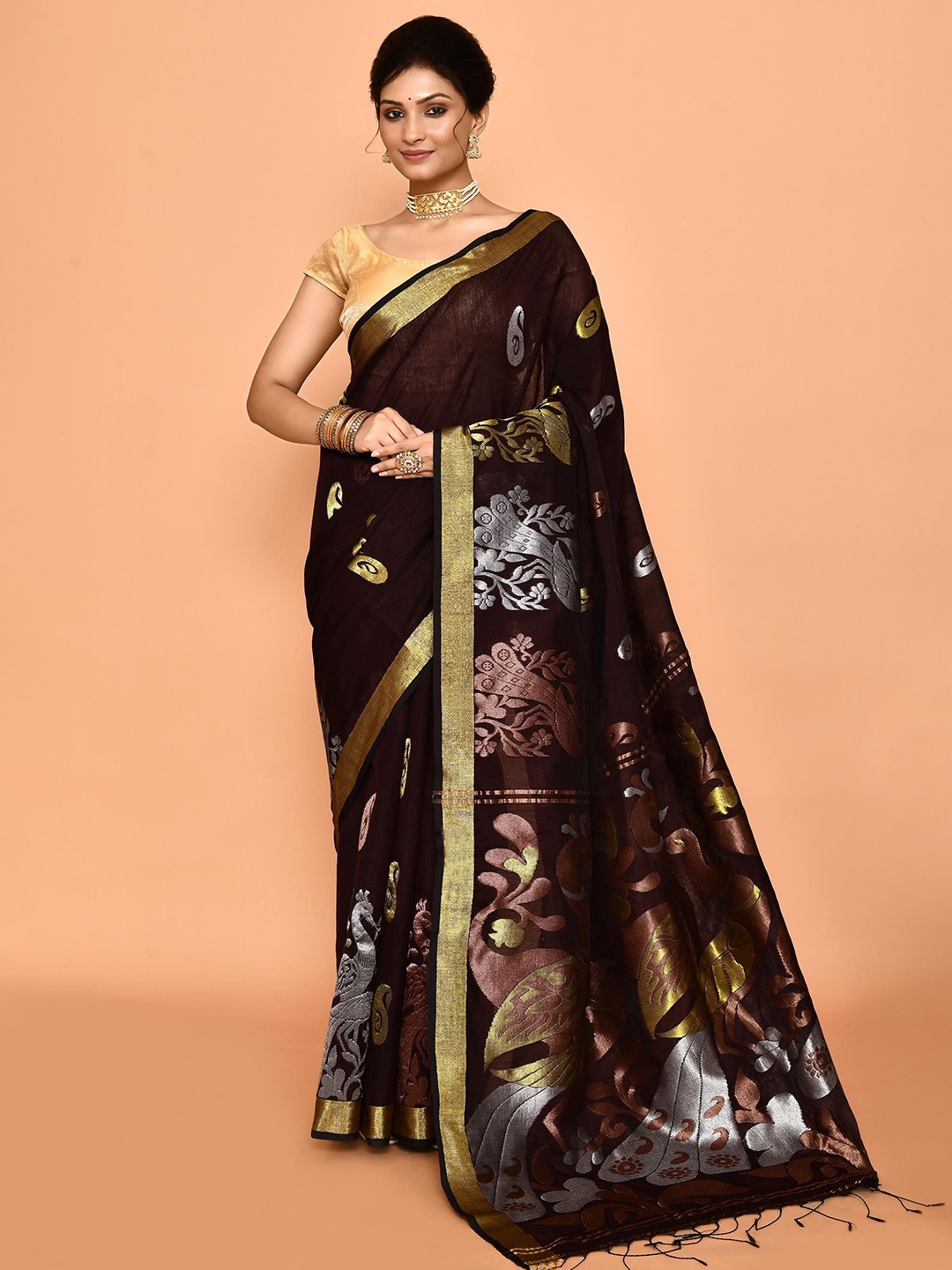 

PUKU Ethnic Motifs Woven Design Taant Saree, Brown