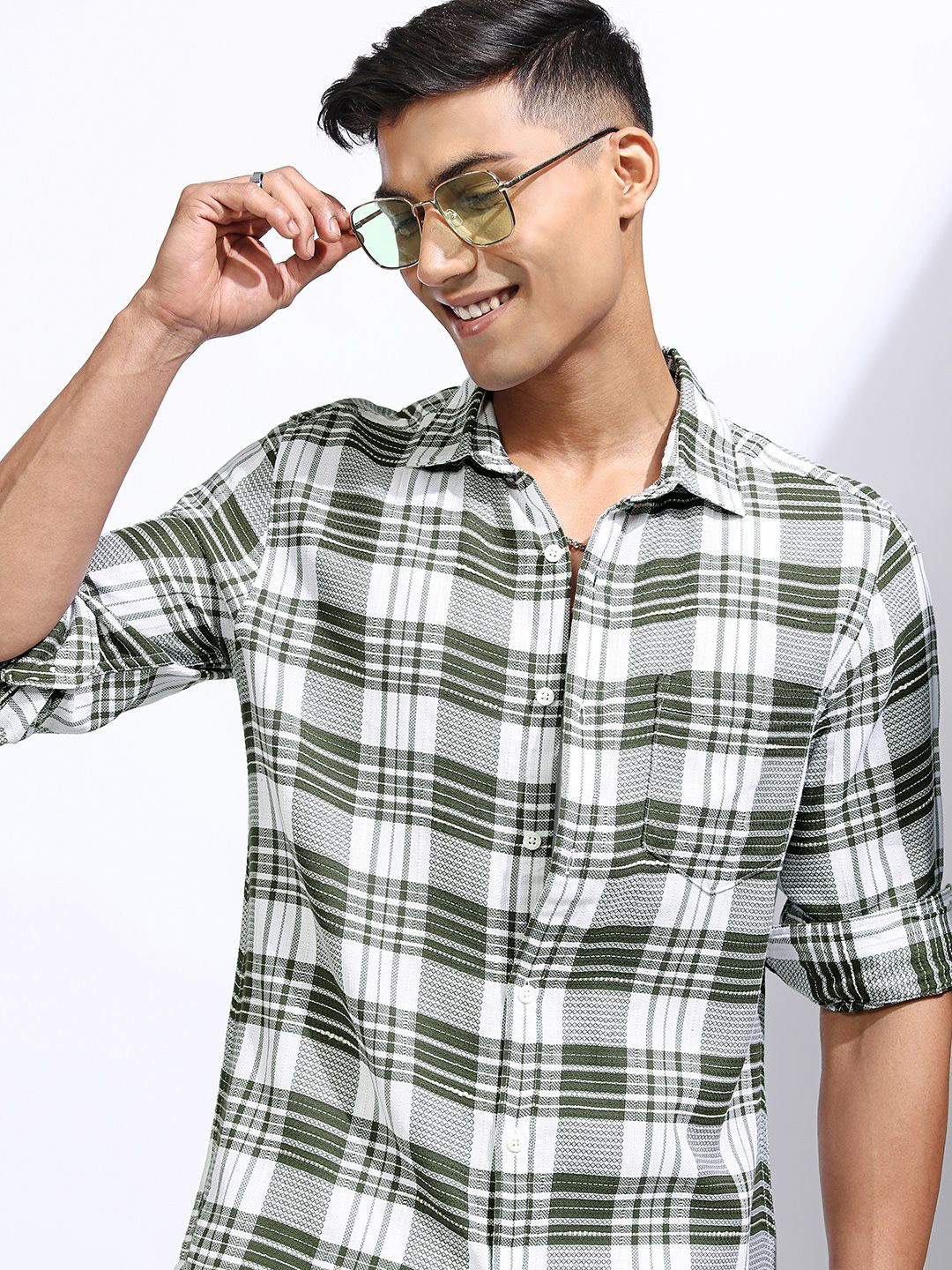 

LOCOMOTIVE Premium Men Dobby Tetured Checked Casual Regular Fit Shirt, Olive