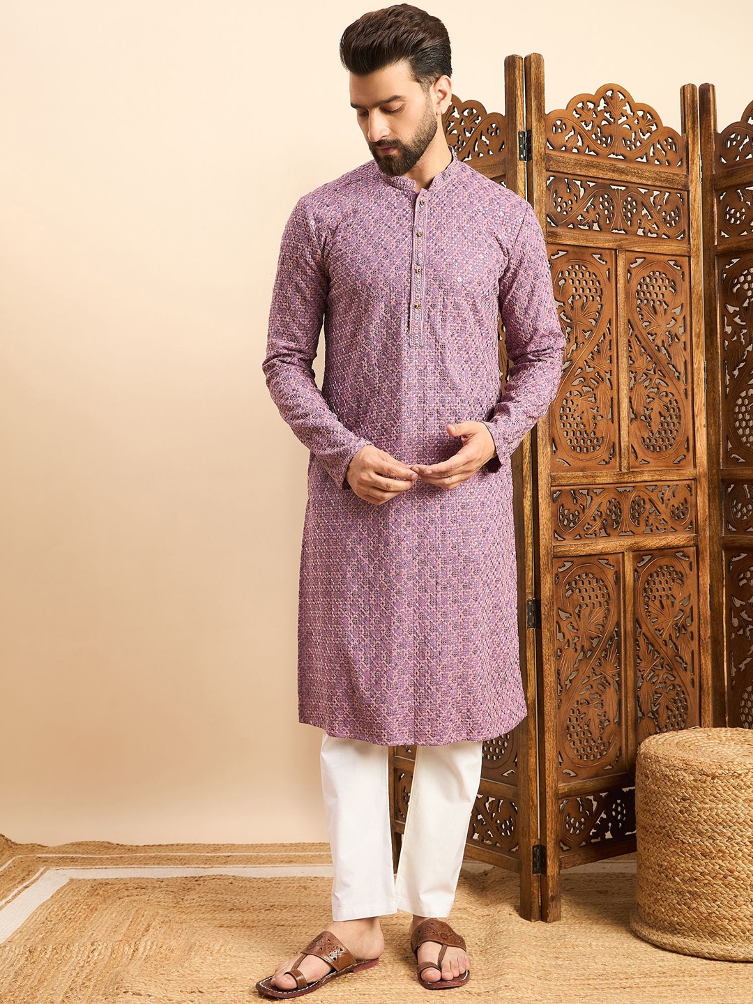 

House of Pataudi Embroidered Mandarin Collar Ethnic Wear Kurta, Purple