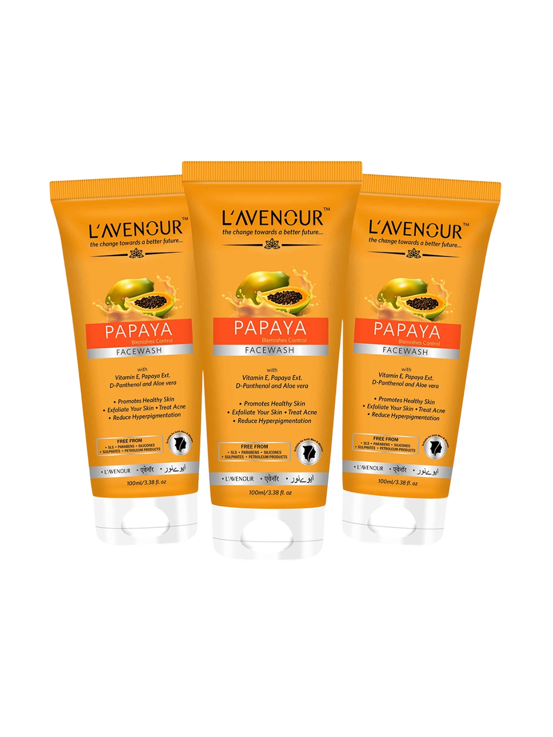 

L'AVENOUR Set Of 3 Papaya Face Wash With Vitamin E & Papaya Fruit Juice - 100 ml Each, Transparent