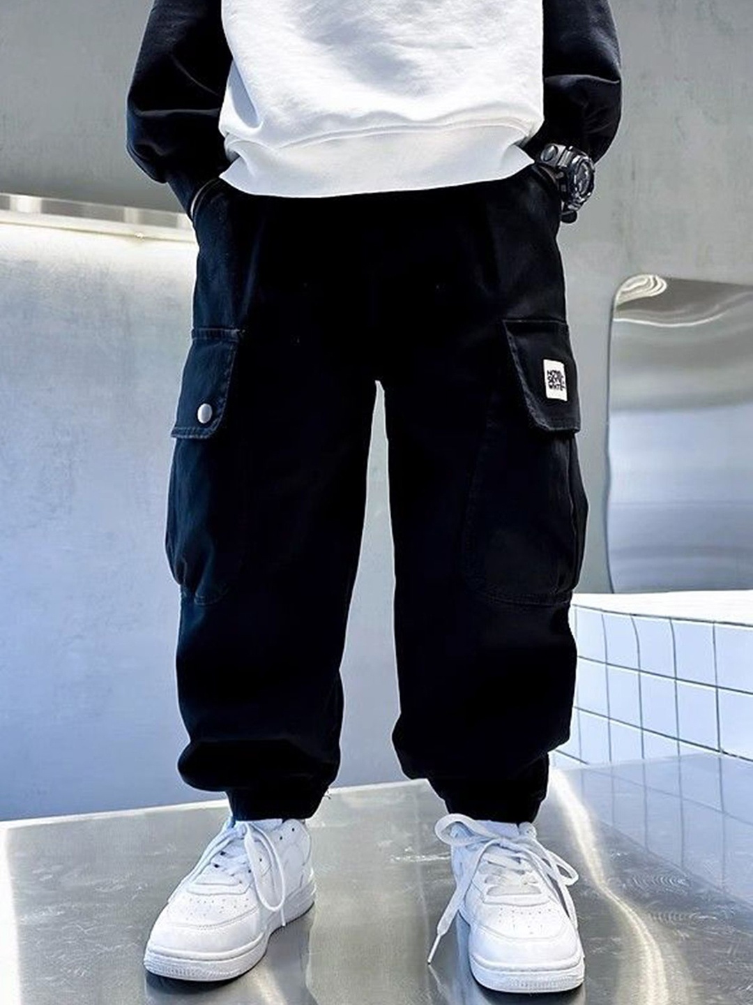 

LULU & SKY Boys Tapered Fit High-Rise Joggers Trousers, Black